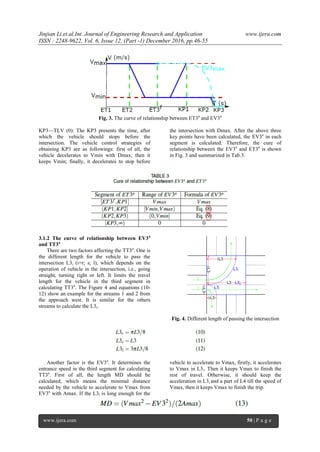 Jinjian Li.et.al.Int. Journal of Engineering Research and Application www.ijera.com
ISSN : 2248-9622, Vol. 6, Issue 12, (Part -1) December 2016, pp.46-55
www.ijera.com 50 | P a g e
Fig. 3. The curve of relationship between ET3a
and EV3a
KP3—TLV (0): The KP3 presents the time, after
which the vehicle should stops before the
intersection. The vehicle control strategies of
obtaining KP3 are as followings: first of all, the
vehicle decelerates to Vmin with Dmax; then it
keeps Vmin; finally, it decelerates to stop before
the intersection with Dmax. After the above three
key points have been calculated, the EV3a
in each
segment is calculated. Therefore, the cure of
relationship between the EV3a
and ET3a
is shown
in Fig. 3 and summarized in Tab.3.
3.1.2 The curve of relationship between EV3a
and TT3a
There are two factors affecting the TT3a
. One is
the different length for the vehicle to pass the
intersection L3i (i=r; s; l), which depends on the
operation of vehicle in the intersection, i.e., going
straight, turning right or left. It limits the travel
length for the vehicle in the third segment in
calculating TT3a
. The Figure 4 and equations (10-
12) show an example for the streams 1 and 2 from
the approach west. It is similar for the others
streams to calculate the L3i.
Fig. 4. Different length of passing the intersection
Another factor is the EV3a
. It determines the
entrance speed in the third segment for calculating
TT3a
. First of all, the length MD should be
calculated, which means the minimal distance
needed by the vehicle to accelerate to Vmax from
EV3a
with Amax. If the L3i is long enough for the
vehicle to accelerate to Vmax, firstly, it accelerates
to Vmax in L3i. Then it keeps Vmax to finish the
rest of travel. Otherwise, it should keep the
acceleration in L3i and a part of L4 till the speed of
Vmax, then it keeps Vmax to finish the trip.
 