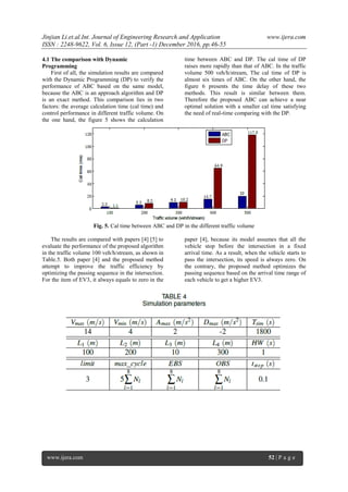 Jinjian Li.et.al.Int. Journal of Engineering Research and Application www.ijera.com
ISSN : 2248-9622, Vol. 6, Issue 12, (Part -1) December 2016, pp.46-55
www.ijera.com 52 | P a g e
4.1 The comparison with Dynamic
Programming
First of all, the simulation results are compared
with the Dynamic Programming (DP) to verify the
performance of ABC based on the same model,
because the ABC is an approach algorithm and DP
is an exact method. This comparison lies in two
factors: the average calculation time (cal time) and
control performance in different traffic volume. On
the one hand, the figure 5 shows the calculation
time between ABC and DP. The cal time of DP
raises more rapidly than that of ABC. In the traffic
volume 500 veh/h/stream, The cal time of DP is
almost six times of ABC. On the other hand, the
figure 6 presents the time delay of these two
methods. This result is similar between them.
Therefore the proposed ABC can achieve a near
optimal solution with a smaller cal time satisfying
the need of real-time comparing with the DP.
Fig. 5. Cal time between ABC and DP in the different traffic volume
The results are compared with papers [4] [5] to
evaluate the performance of the proposed algorithm
in the traffic volume 100 veh/h/stream, as shown in
Table.5. Both paper [4] and the proposed method
attempt to improve the traffic efficiency by
optimizing the passing sequence in the intersection.
For the item of EV3, it always equals to zero in the
paper [4], because its model assumes that all the
vehicle stop before the intersection in a fixed
arrival time. As a result, when the vehicle starts to
pass the intersection, its speed is always zero. On
the contrary, the proposed method optimizes the
passing sequence based on the arrival time range of
each vehicle to get a higher EV3.
 