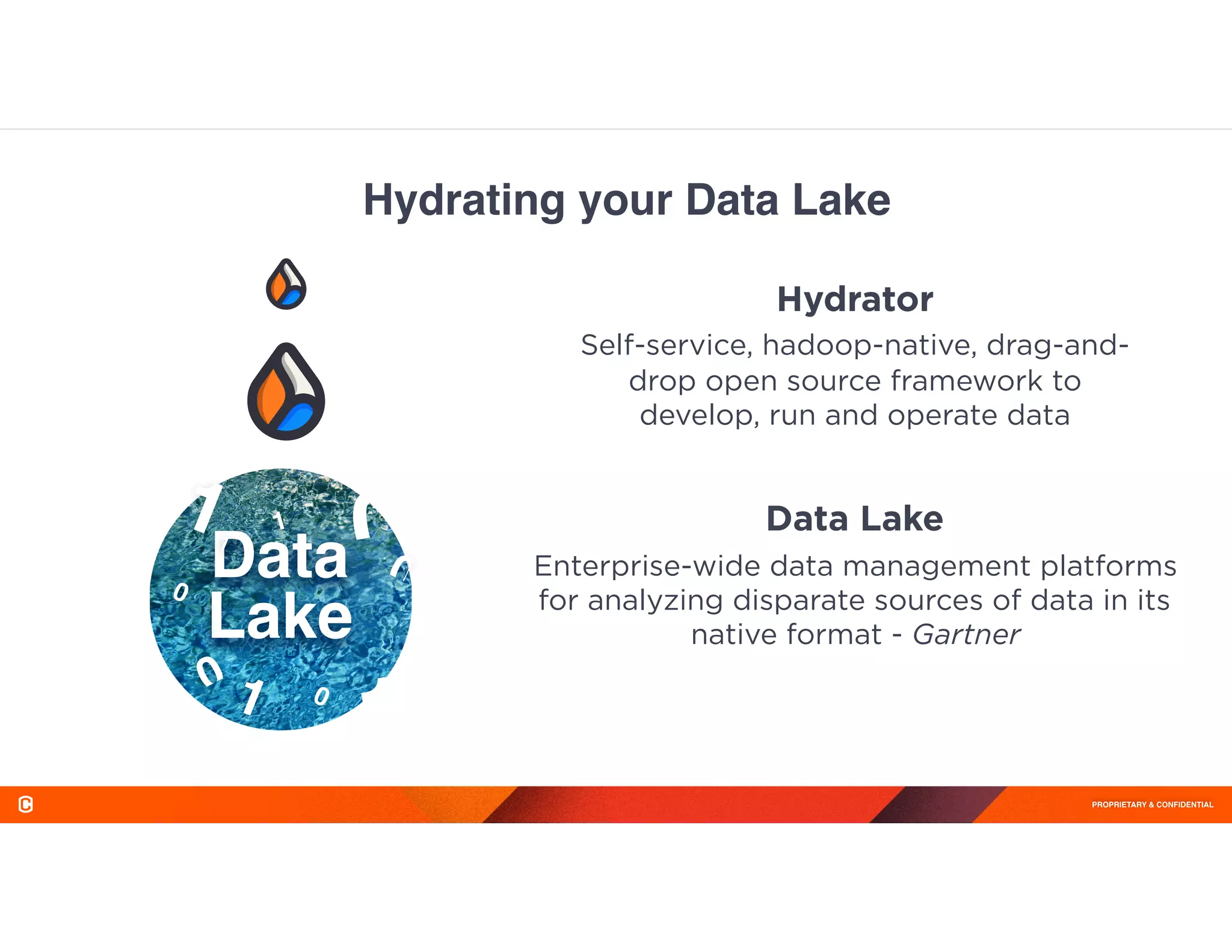 PROPRIETARY & CONFIDENTIAL
Data Lake
Enterprise-wide data management platforms
for analyzing disparate sources of data in its
native format - Gartner
Data
Lake
1
0
1
0
0
01
1
0
1
Hydrating your Data Lake
Hydrator
Self-service, hadoop-native, drag-and-
drop open source framework to
develop, run and operate data
 