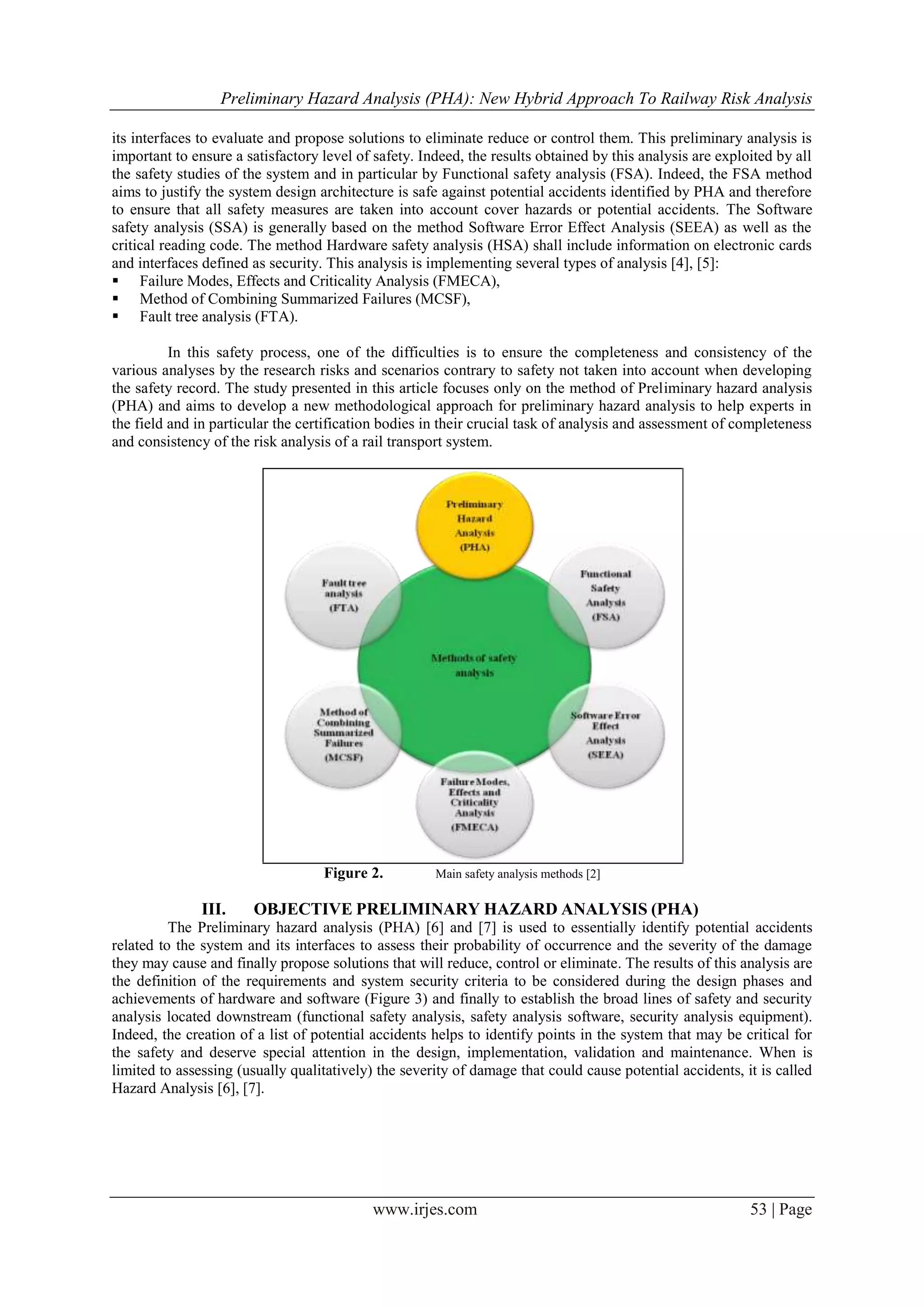 Preliminary Hazard Analysis (PHA): New Hybrid Approach To Railway Risk Analysis
www.irjes.com 53 | Page
its interfaces to evaluate and propose solutions to eliminate reduce or control them. This preliminary analysis is
important to ensure a satisfactory level of safety. Indeed, the results obtained by this analysis are exploited by all
the safety studies of the system and in particular by Functional safety analysis (FSA). Indeed, the FSA method
aims to justify the system design architecture is safe against potential accidents identified by PHA and therefore
to ensure that all safety measures are taken into account cover hazards or potential accidents. The Software
safety analysis (SSA) is generally based on the method Software Error Effect Analysis (SEEA) as well as the
critical reading code. The method Hardware safety analysis (HSA) shall include information on electronic cards
and interfaces defined as security. This analysis is implementing several types of analysis [4], [5]:
 Failure Modes, Effects and Criticality Analysis (FMECA),
 Method of Combining Summarized Failures (MCSF),
 Fault tree analysis (FTA).
In this safety process, one of the difficulties is to ensure the completeness and consistency of the
various analyses by the research risks and scenarios contrary to safety not taken into account when developing
the safety record. The study presented in this article focuses only on the method of Preliminary hazard analysis
(PHA) and aims to develop a new methodological approach for preliminary hazard analysis to help experts in
the field and in particular the certification bodies in their crucial task of analysis and assessment of completeness
and consistency of the risk analysis of a rail transport system.
Figure 2. Main safety analysis methods [2]
III. OBJECTIVE PRELIMINARY HAZARD ANALYSIS (PHA)
The Preliminary hazard analysis (PHA) [6] and [7] is used to essentially identify potential accidents
related to the system and its interfaces to assess their probability of occurrence and the severity of the damage
they may cause and finally propose solutions that will reduce, control or eliminate. The results of this analysis are
the definition of the requirements and system security criteria to be considered during the design phases and
achievements of hardware and software (Figure 3) and finally to establish the broad lines of safety and security
analysis located downstream (functional safety analysis, safety analysis software, security analysis equipment).
Indeed, the creation of a list of potential accidents helps to identify points in the system that may be critical for
the safety and deserve special attention in the design, implementation, validation and maintenance. When is
limited to assessing (usually qualitatively) the severity of damage that could cause potential accidents, it is called
Hazard Analysis [6], [7].
 
