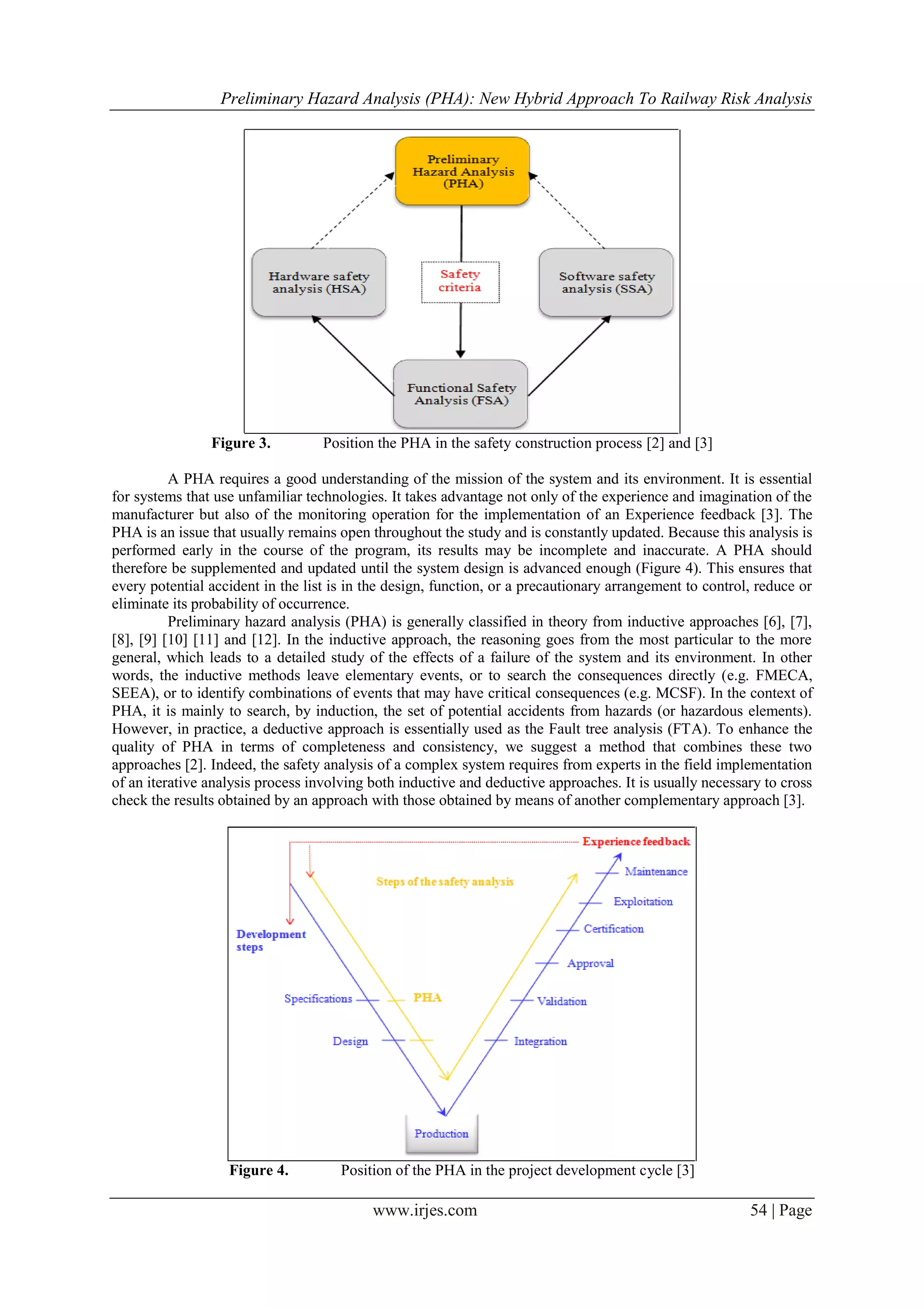 Preliminary Hazard Analysis (PHA): New Hybrid Approach To Railway Risk Analysis
www.irjes.com 54 | Page
Figure 3. Position the PHA in the safety construction process [2] and [3]
A PHA requires a good understanding of the mission of the system and its environment. It is essential
for systems that use unfamiliar technologies. It takes advantage not only of the experience and imagination of the
manufacturer but also of the monitoring operation for the implementation of an Experience feedback [3]. The
PHA is an issue that usually remains open throughout the study and is constantly updated. Because this analysis is
performed early in the course of the program, its results may be incomplete and inaccurate. A PHA should
therefore be supplemented and updated until the system design is advanced enough (Figure 4). This ensures that
every potential accident in the list is in the design, function, or a precautionary arrangement to control, reduce or
eliminate its probability of occurrence.
Preliminary hazard analysis (PHA) is generally classified in theory from inductive approaches [6], [7],
[8], [9] [10] [11] and [12]. In the inductive approach, the reasoning goes from the most particular to the more
general, which leads to a detailed study of the effects of a failure of the system and its environment. In other
words, the inductive methods leave elementary events, or to search the consequences directly (e.g. FMECA,
SEEA), or to identify combinations of events that may have critical consequences (e.g. MCSF). In the context of
PHA, it is mainly to search, by induction, the set of potential accidents from hazards (or hazardous elements).
However, in practice, a deductive approach is essentially used as the Fault tree analysis (FTA). To enhance the
quality of PHA in terms of completeness and consistency, we suggest a method that combines these two
approaches [2]. Indeed, the safety analysis of a complex system requires from experts in the field implementation
of an iterative analysis process involving both inductive and deductive approaches. It is usually necessary to cross
check the results obtained by an approach with those obtained by means of another complementary approach [3].
Figure 4. Position of the PHA in the project development cycle [3]
 