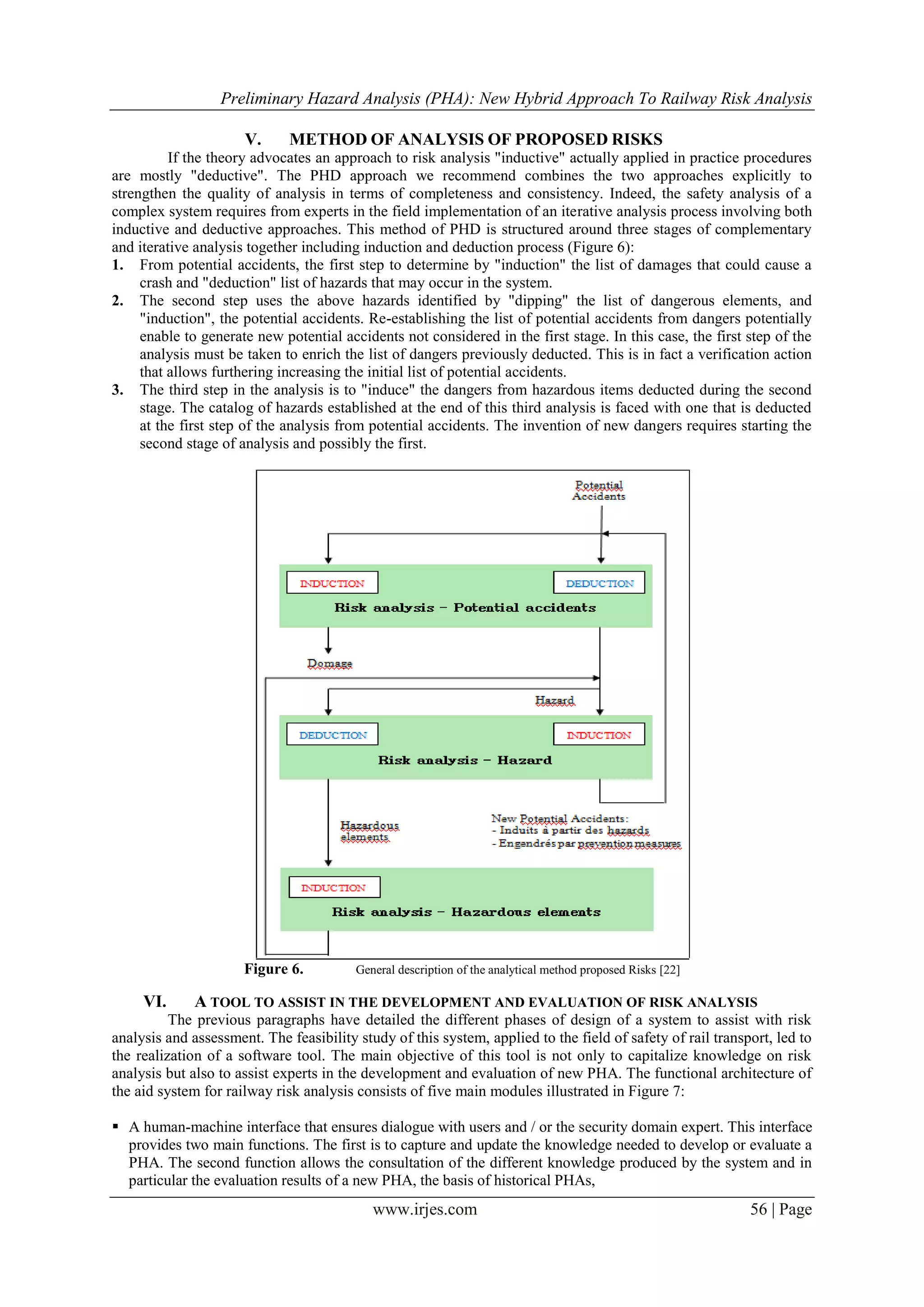 Preliminary Hazard Analysis (PHA): New Hybrid Approach To Railway Risk Analysis
www.irjes.com 56 | Page
V. METHOD OF ANALYSIS OF PROPOSED RISKS
If the theory advocates an approach to risk analysis "inductive" actually applied in practice procedures
are mostly "deductive". The PHD approach we recommend combines the two approaches explicitly to
strengthen the quality of analysis in terms of completeness and consistency. Indeed, the safety analysis of a
complex system requires from experts in the field implementation of an iterative analysis process involving both
inductive and deductive approaches. This method of PHD is structured around three stages of complementary
and iterative analysis together including induction and deduction process (Figure 6):
1. From potential accidents, the first step to determine by "induction" the list of damages that could cause a
crash and "deduction" list of hazards that may occur in the system.
2. The second step uses the above hazards identified by "dipping" the list of dangerous elements, and
"induction", the potential accidents. Re-establishing the list of potential accidents from dangers potentially
enable to generate new potential accidents not considered in the first stage. In this case, the first step of the
analysis must be taken to enrich the list of dangers previously deducted. This is in fact a verification action
that allows furthering increasing the initial list of potential accidents.
3. The third step in the analysis is to "induce" the dangers from hazardous items deducted during the second
stage. The catalog of hazards established at the end of this third analysis is faced with one that is deducted
at the first step of the analysis from potential accidents. The invention of new dangers requires starting the
second stage of analysis and possibly the first.
Figure 6. General description of the analytical method proposed Risks [22]
VI. A TOOL TO ASSIST IN THE DEVELOPMENT AND EVALUATION OF RISK ANALYSIS
The previous paragraphs have detailed the different phases of design of a system to assist with risk
analysis and assessment. The feasibility study of this system, applied to the field of safety of rail transport, led to
the realization of a software tool. The main objective of this tool is not only to capitalize knowledge on risk
analysis but also to assist experts in the development and evaluation of new PHA. The functional architecture of
the aid system for railway risk analysis consists of five main modules illustrated in Figure 7:
 A human-machine interface that ensures dialogue with users and / or the security domain expert. This interface
provides two main functions. The first is to capture and update the knowledge needed to develop or evaluate a
PHA. The second function allows the consultation of the different knowledge produced by the system and in
particular the evaluation results of a new PHA, the basis of historical PHAs,
 