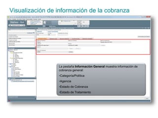 Visualización de información de la cobranza 
La pestaña Información General muestra información de 
cobranza general: 
•Categoría/Política 
•Agencia 
•Estado de Cobranza 
•Estado de Tratamiento 
 