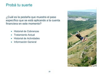 28 
Probá tu suerte 
¿Cuál es la pestaña que muestra el paso 
específico que se está aplicando a la cuenta 
financiera en este momento? 
 Historial de Cobranzas 
 Tratamiento Actual 
 Historial de Actividades 
 Información General 
 