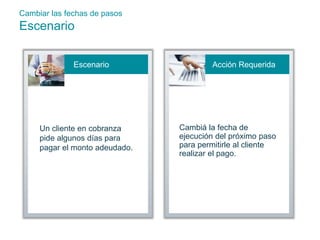 Cambiar las fechas de pasos 
Escenario 
Escenario Acción Requerida 
Un cliente en cobranza 
pide algunos días para 
pagar el monto adeudado. 
Cambiá la fecha de 
ejecución del próximo paso 
para permitirle al cliente 
realizar el pago. 
 