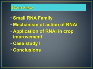 • Small RNA Family
• Mechanism of action of RNAi
• Application of RNAi in crop
improvement
• Case study I
• Conclusions
 