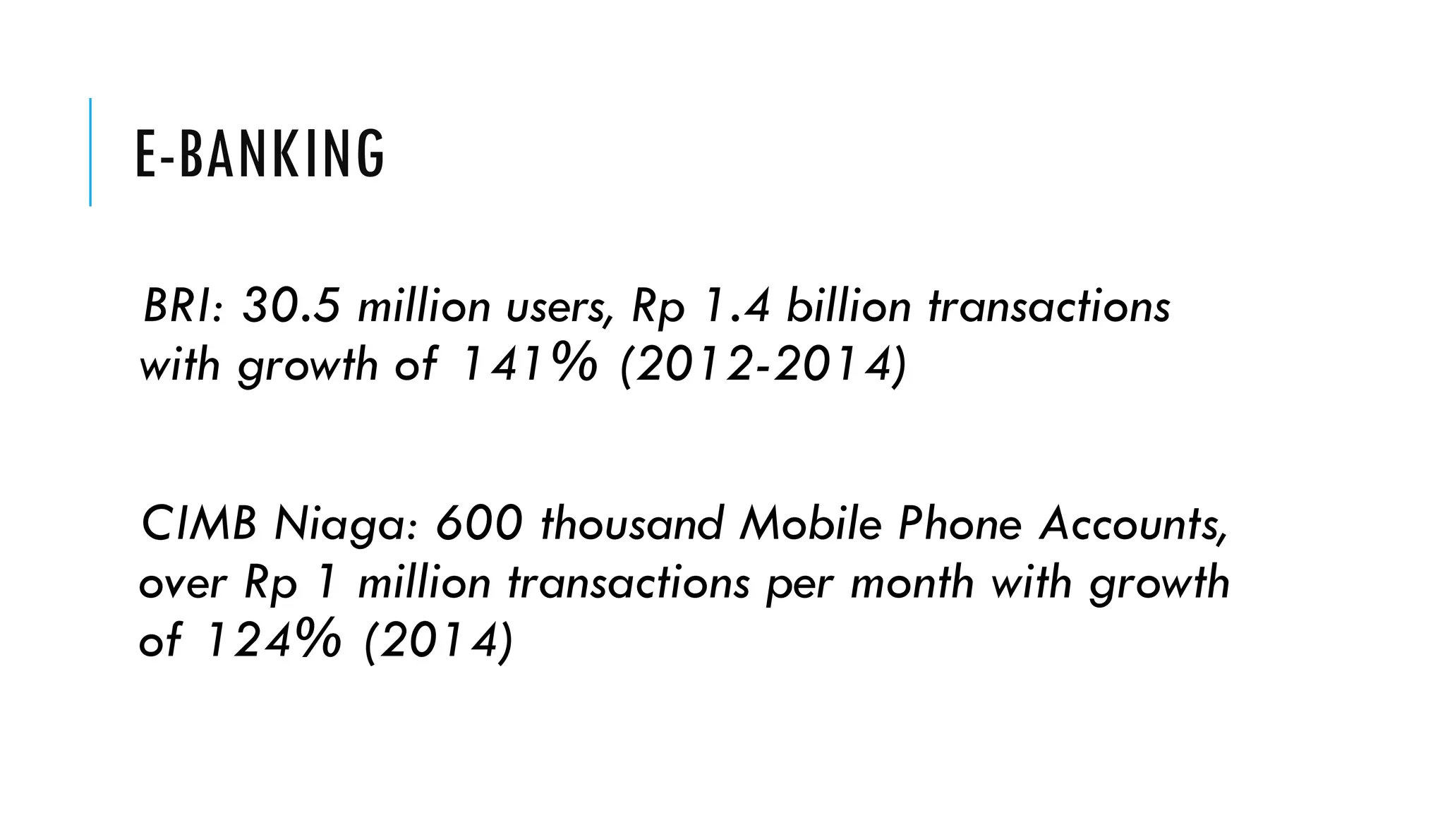 E-BANKING
BRI: 30.5 million users, Rp1.4 billion transactions with growth of 141% (2012-2014)
CIMB Niaga: 600 thousand Mobile Phone Accounts, over Rp1 million transactions per month with growth of 124% (2014)