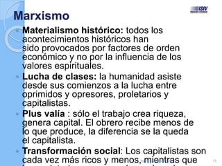 Marxismo
 Materialismo histórico: todos los
acontecimientos históricos han
sido provocados por factores de orden
económico y no por la influencia de los
valores espirituales.
 Lucha de clases: la humanidad asiste
desde sus comienzos a la lucha entre
oprimidos y opresores, proletarios y
capitalistas.
 Plus valía : sólo el trabajo crea riqueza,
genera capital. El obrero recibe menos de
lo que produce, la diferencia se la queda
el capitalista.
 Transformación social: Los capitalistas son
cada vez más ricos y menos, mientras queby ricardo montero 11
 