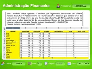 Turma: 2503-B Aula: 10 Pág: 10 a 17 Data: 18-jan-12 
2503-B 4 xxxxx 16-11-2013 
Instrutor: Ricardo Paladini Matos 
ELIELSO DIAS 
Nesta atividade vamos aprender a trabalhar com orçamentos descobrindo uma melhor 
maneira de usufluir de nosso dinheiro. Na coluna E devemos descobrir qual o menor preço de 
cada um dos produtos através de uma função. Na coluna VALOR TOTAL calcule quanto vai 
custar cada produto dependendo de sua quantidade. Depois ao final devemos calcular os 
totais de cada supermercado. Calcular os totais da coluna MELHOR PREÇO 
Calcular os totais da coluna VALOR TOTAL 

