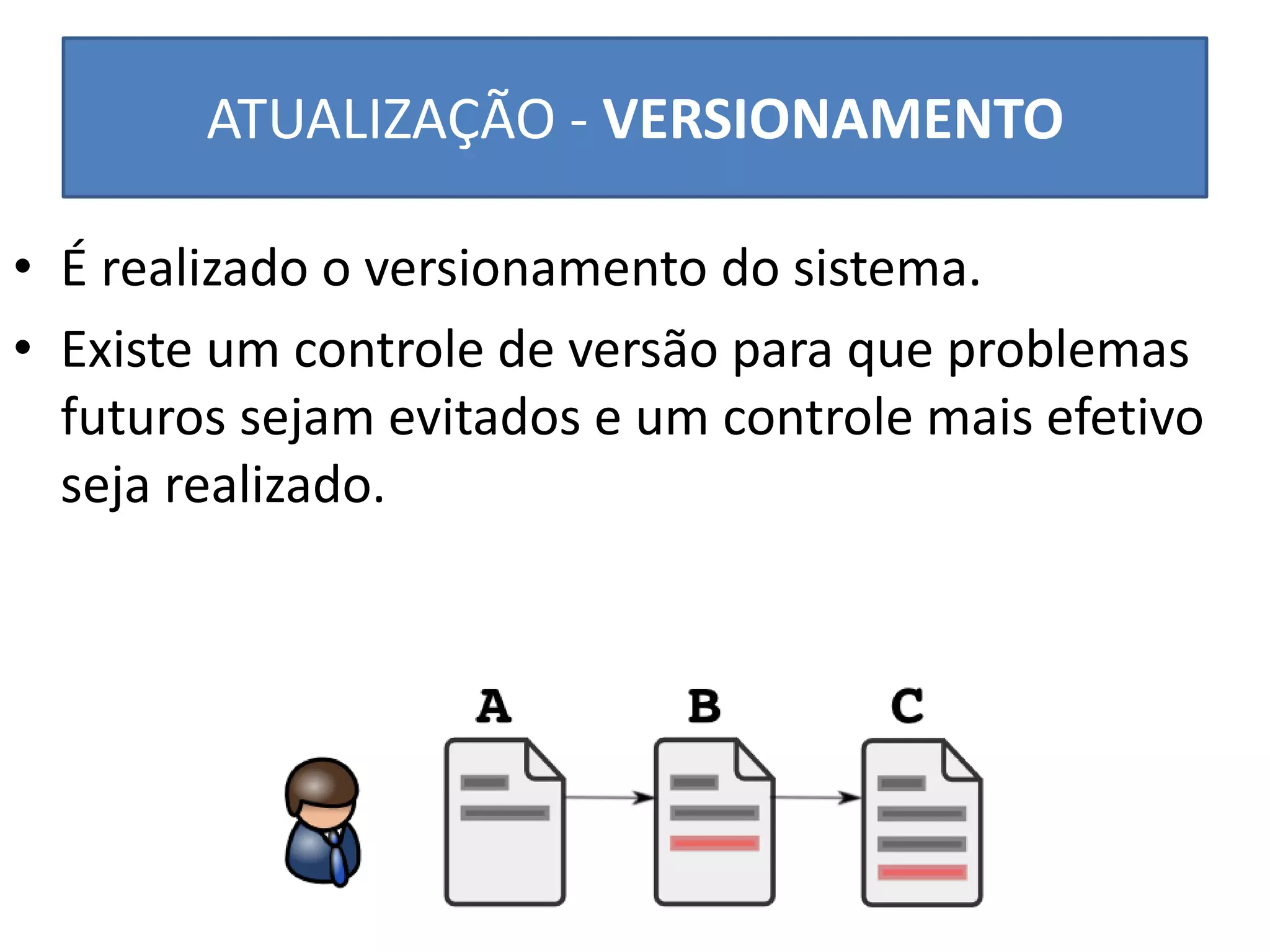 ATUALIZAÇÃO - VERSIONAMENTO 
•É realizado o versionamento do sistema. 
•Existe um controle de versão para que problemas futuros sejam evitados e um controle mais efetivo seja realizado.  
