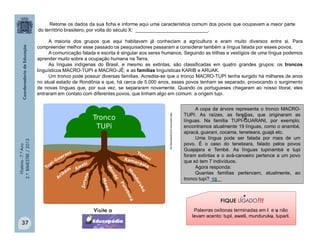 História-7.ºAno
2.ºBIMESTRE/2013
37
Retome os dados da sua ficha e informe aqui uma característica comum dos povos que ocupavam a maior parte
do território brasileiro, por volta do século X: ___________________________.
A maioria dos grupos que aqui habitavam já conheciam a agricultura e eram muito diversos entre si. Para
compreender melhor esse passado os pesquisadores passaram a considerar também a língua falada por esses povos.
A comunicação falada e escrita é singular aos seres humanos. Seguindo as trilhas e vestígios de uma língua podemos
aprender muito sobre a ocupação humana na Terra.
As línguas indígenas do Brasil, e mesmo as extintas, são classificadas em quatro grandes grupos: os troncos
linguísticos MACRO-TUPI e MACRO-JÊ; e as famílias linguísticas KARIB e ARUAK.
Um tronco pode possuir diversas famílias. Acredita-se que o tronco MACRO-TUPI tenha surgido há milhares de anos
no atual estado de Rondônia e que, há cerca de 5.000 anos, esses povos tenham se separado, provocando o surgimento
de novas línguas que, por sua vez, se separaram novamente. Quando os portugueses chegaram ao nosso litoral, eles
entraram em contato com diferentes povos, que tinham algo em comum: a origem tupi.
http://pibmirim.socioambiental.org
A copa da árvore representa o tronco MACRO-
TUPI. As raízes, as famílias, que originaram as
línguas. Na família TUPI-GUARANI, por exemplo,
encontramos atualmente 19 línguas, como o anambé,
apiacá, guarani, cocama, teneteara, guajá etc.
Uma língua pode ser falada por mais de um
povo. É o caso do teneteara, falado pelos povos
Guajajara e Tembé. As línguas tupinambá e tupi
foram extintas e o avá-canoeiro pertence a um povo
que só tem 7 indivíduos.
Agora responda:
Quantas famílias pertencem, atualmente, ao
tronco tupi? ____10
!!!FIQUE LIGADO
fg
Palavras oxítonas terminadas em i e u não
levam acento: tupi, aweti, munduruku, tupari.
 