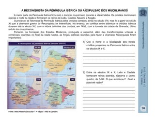 História-7.ºAno
2.ºBIMESTRE/2013
50
A maior parte da Península Ibérica ficou sob o domínio muçulmano durante a Idade Média. Os cristãos dominavam
apenas o norte da região e formaram os reinos de Leão, Castela, Navarra e Aragão.
O processo de retomada da Península Ibérica pelos cristãos começou ainda no século VIII, mas foi a partir do século
XI que a chamada guerra da Reconquista se intensificou. No entanto, os conflitos entre islâmicos e cristãos ibéricos
duraram até o século XV, com a vitória definitiva dos cristãos, em 1492, com a tomada da cidade de Granada, último
reduto dos muçulmanos.
Portanto, na formação dos Estados Modernos, português e espanhol, além das transformações urbanas e
comerciais ocorridas no final da Idade Média, as forças políticas reunidas para fazer a chamada Reconquista foram
importantes.
A RECONQUISTA DA PENÍNSULA IBÉRICA OU A EXPULSÃO DOS MUÇULMANOS
1) Cite o nome e a localização dos reinos
cristãos presentes na Península Ibérica entre
os séculos IX e X.
________________________________________
________________________________________
________________________________________
________________________________________
________________________________________
2) Entre os séculos IX e X, Leão e Castela
formavam reinos distintos. Observe o último
quadro, de 1492. O que aconteceu? Qual a
possível razão?
________________________________________
________________________________________
________________________________________
________________________________________
________________________________________
________________________________________
________________________________________
________________________________________
Fonte: Atlas Histórico Escolar – 7ª edição – Rio de Janeiro
 