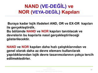 KBUZEM
Karabük Üniversitesi
Uzaktan Eğitim Uygulama ve Araştırma Merkezi
14
NAND (VE-DEĞĠL) ve
NOR (VEYA-DEĞĠL) Kapıları
Buraya kadar lojik ifadeleri AND, OR ve EX-OR kapıları
ile gerçekleĢtirdik.
Bu bölümde NAND ve NOR kapıları tanıtılacak ve
devrelerin bu kapılarla nasıl gerçekleĢtirileceği
gösterilecektir.
NAND ve NOR kapıları daha hızlı çalıĢtıklarından ve
genel olarak daha az devre elemanı kullanılarak
yapıldıklarından lojik devre tasarımcılarının çokça tercih
edilmektedirler.
 