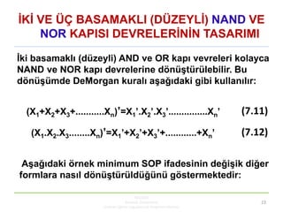 KBUZEM
Karabük Üniversitesi
Uzaktan Eğitim Uygulama ve Araştırma Merkezi
23
ĠKĠ VE ÜÇ BASAMAKLI (DÜZEYLĠ) NAND VE
NOR KAPISI DEVRELERĠNĠN TASARIMI
Ġki basamaklı (düzeyli) AND ve OR kapı vevreleri kolayca
NAND ve NOR kapı devrelerine dönüĢtürülebilir. Bu
dönüĢümde DeMorgan kuralı aĢağıdaki gibi kullanılır:
(7.11)
(7.12)
AĢağıdaki örnek minimum SOP ifadesinin değiĢik diğer
formlara nasıl dönüĢtürüldüğünü göstermektedir:
(X1+X2+X3+...........Xn)’=X1’.X2’.X3’...............Xn’
(X1.X2.X3........Xn)’=X1’+X2’+X3’+............+Xn’
 