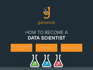 HOW TO BECOME A
DATA SCIENTIST
Wednesday, April
15th
6:15-8:30p 1062 Delaware St.
 