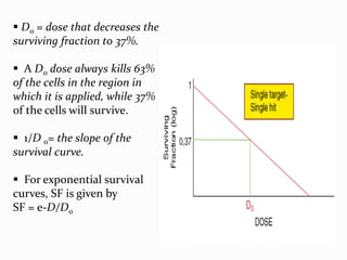  D0 = dose that decreases the
surviving fraction to 37%.
 A D0 dose always kills 63%
of the cells in the region in
which it is applied, while 37%
of the cells will survive.
 1/D 0= the slope of the
survival curve.
 For exponential survival
curves, SF is given by
SF = e-D/D0
 