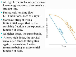  At High LETs, such as α-particles or
low-energy neutrons, the curve is a
straight line.
 For sparsely ionizing (low
LET) radiations, such as x-rays -
 Starts out straight with a
finite initial slope; that is, the
surviving fraction is an exponential
function of dose.
 At higher doses, the curve bends.
 At very high doses, the survival
curve often tends to straighten
again; the surviving fraction
returns to being an exponential
function of dose.
 