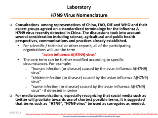 Laboratory
                                             H7N9 Virus Nomenclature
   Consultations among representatives of China, FAO, OIE and WHO and their
    expert groups agreed on a standardized terminology for the influenza A
    H7N9 virus recently detected in China. The discussions took into account
    several consideration including science, agricultural and public health
    perspectives, communications and practices already established.
      For scientific / technical or other reports, all of the participating
         organizations will use the term
                     "avian influenza A(H7N9) virus"
      The core term can be further modified according to specific
         circumstances. For example:
          o "human infection (or disease) caused by the avian influenza A(H7N9)
              virus"
          o "chicken infection (or disease) caused by the avian influenza A(H7N9)
              virus"
          o "swine infection (or disease) caused by the avian influenza A(H7N9)
              virus" - if detected in swine
   For media communications, especially recognizing that social media such as
    twitter will gravitate towards use of shortest possible terms, it is suggested
    that terms such as "H7N9", "H7N9 virus" be used as surrogates as needed.

4/10/2013                                                                                                                                                                       1
            Data are Provisional Until Officially Released by the CDC Internal Use Only (FIUO)---For Official Use Only (FOUO) -Sensitive But Unclassified (SBU) - NOT FOR FURTHER DISTRIBUTION
                                                                 This report includes information received by 1200 EDT on the date of the report
 