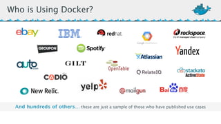 Who is Using Docker? 
And hundreds of others… these are just a sample of those who have published use cases 
 