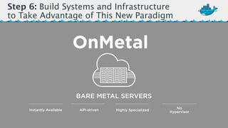 Step 6: Build Systems and Infrastructure 
to Take Advantage of This New Paradigm 
BARE METAL SERVERS 
Instantly Available API-driven Highly Specialized 
No 
Hypervisor 
OnMetal 
 