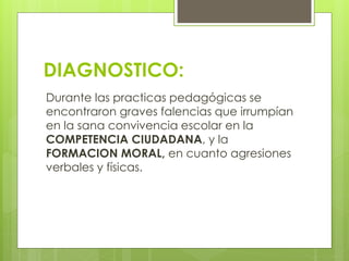 DIAGNOSTICO:
Durante las practicas pedagógicas se
encontraron graves falencias que irrumpían
en la sana convivencia escolar en la
COMPETENCIA CIUDADANA, y la
FORMACION MORAL, en cuanto agresiones
verbales y físicas.
 