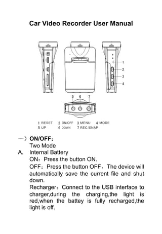 Car Video Recorder User Manual




一）ON/OFF：
   Two Mode
A. Internal Battery
   ON：Press the button ON.
   OFF：Press the button OFF，The device will
   automatically save the current file and shut
   down.
   Recharger：Connect to the USB interface to
   charger,during the charging,the light is
   red,when the battey is fully recharged,the
   light is off.
 