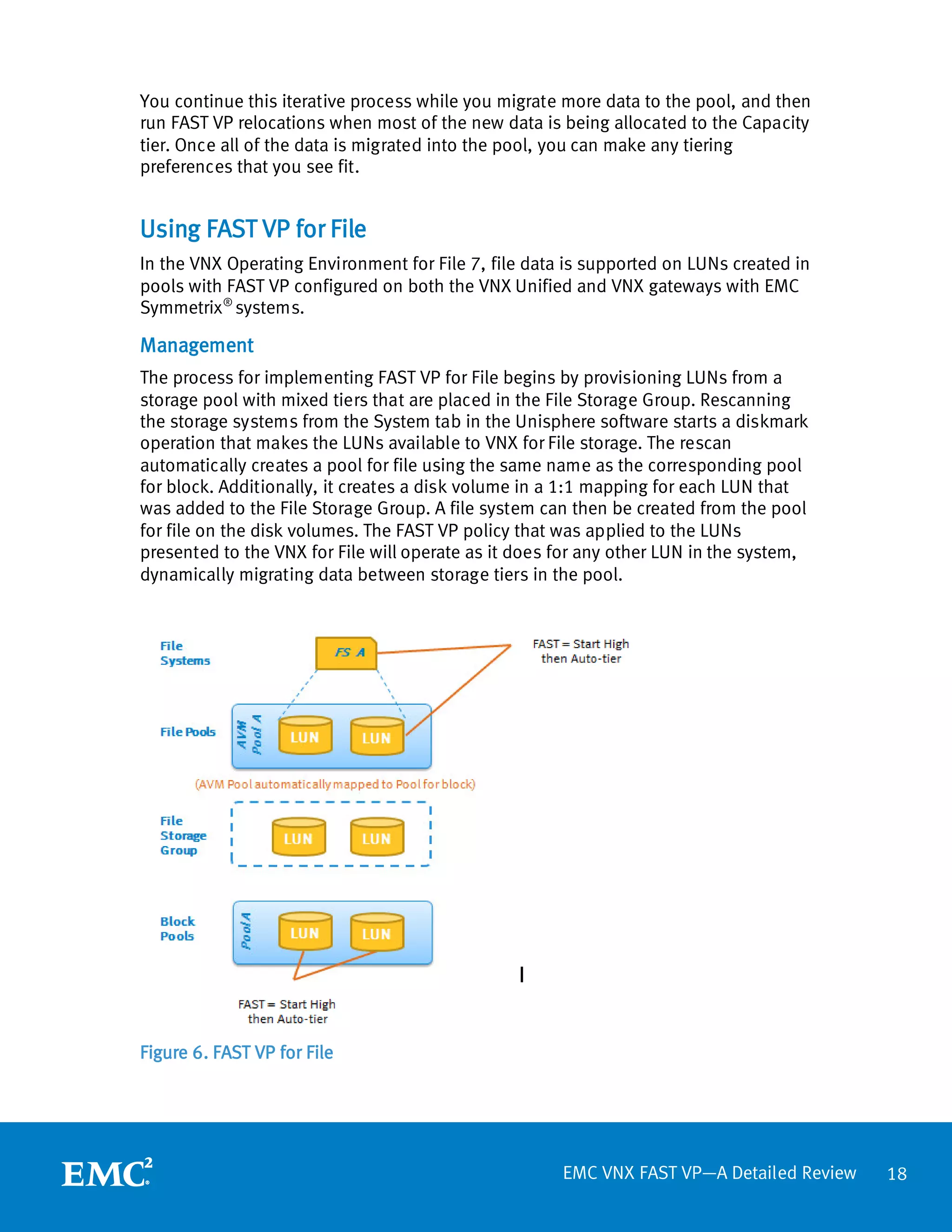 You continue this iterative process while you migrate more data to the pool, and then
run FAST VP relocations when most of the new data is being allocated to the Capacity
tier. Once all of the data is migrated into the pool, you can make any tiering
preferences that you see fit.


Using FAST VP for File
In the VNX Operating Environment for File 7, file data is supported on LUNs created in
pools with FAST VP configured on both the VNX Unified and VNX gateways with EMC
Symmetrix ® systems.

Management
The process for implementing FAST VP for File begins by provisioning LUNs from a
storage pool with mixed tiers that are placed in the File Storage Group. Rescanning
the storage systems from the System tab in the Unisphere software starts a diskmark
operation that makes the LUNs available to VNX for File storage. The rescan
automatically creates a pool for file using the same name as the corresponding pool
for block. Additionally, it creates a disk volume in a 1:1 mapping for each LUN that
was added to the File Storage Group. A file system can then be created from the pool
for file on the disk volumes. The FAST VP policy that was applied to the LUNs
presented to the VNX for File will operate as it does for any other LUN in the system,
dynamically migrating data between storage tiers in the pool.




Figure 6. FAST VP for File




                                                      EMC VNX FAST VP—A Detailed Review   18
 