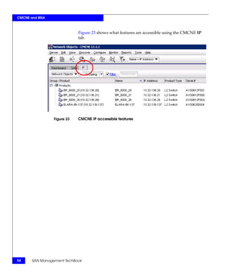 CMCNE and BNA



                            Figure 23 shows what features are accessible using the CMCNE IP
                            tab.




                Figure 23   CMCNE IP accessible features




54    SAN Management TechBook
 