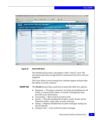 Cisco DCNM




  Figure 25   Event drill down

              The Dashboard provides a description of the "critical" event. The
              description provides enough detail to understand why the event was
              triggered.
              This view allows you to arrange how columns appear and provides
              the ability to sort by columns.

Health tab    The Health tab provides a pull-down menu that offers five options:
              ◆   Summary — Provides a summary of events and problems for all
                  SANs, or selected SAN, fabric, or switch. Clicking blue links
                  provides more information.
              ◆   Accounting — Shows list of account events.
              ◆   Events — Provides detailed list of fabric events. Events can be
                  filtered by fabric, scope, date, severity, and type.
              ◆   Syslog — Displays detailed list of system messages. Syslog can
                  also be filtered.
              ◆   Syslog Events — Lists archived system messages.


                                              Web-based interface (Dashboard)       61
 