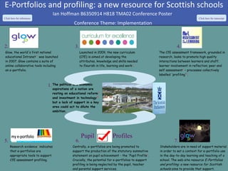 E-Portfolios and profiling: a new resource for Scottish schools
Ian Hoffman B6350914 H818 TMA02 Conference Poster
Click here for references

Click here for transcript

Conference Theme: Implementation

2.

3.

Glow, the world's first national
educational Intranet³ was launched
in 2007. Glow contains a suite of
online collaborative tools including
an e-portfolio.

4.
Launched in 2009, the new curriculum
(CfE) is aimed at developing the
attributes, knowledge and skills needed
to flourish in life, learning and work⁴.

The political and economic
1.
aspirations of a nation are
resting on educational reform¹
and investment in technology²
but a lack of support in a key
area could act to dilute the
ambition.

5.

6.
Research evidence⁷ indicates
that e-portfolios are
appropriate tools to support
CfE assessment profiling.

Pupil

The CfE assessment framework, grounded in
research, looks to promote high quality
interactions between learners and staff;
learner involvement in reflection; peer and
self assessment⁵ – processes collectively
labelled 'profiling'⁶.

Scottish Parliament Building by Kim Traynor, on WikiMedia

Profiles

Centrally, e-portfolios are being promoted to
support the production of the statutory summative
statement on pupil achievement - the 'Pupil Profile⁸.
Crucially, the potential for e-portfolios to support
profiling is being neglected by the pupil, teacher
and parental support services.

7.
Stakeholders are in need of support material
in order to set a context for e-portfolio use
in the day-to-day learning and teaching of a
school. The web site resource E-Portfolios
and profiling: a new resource for Scottish
schools aims to provide that support.

 