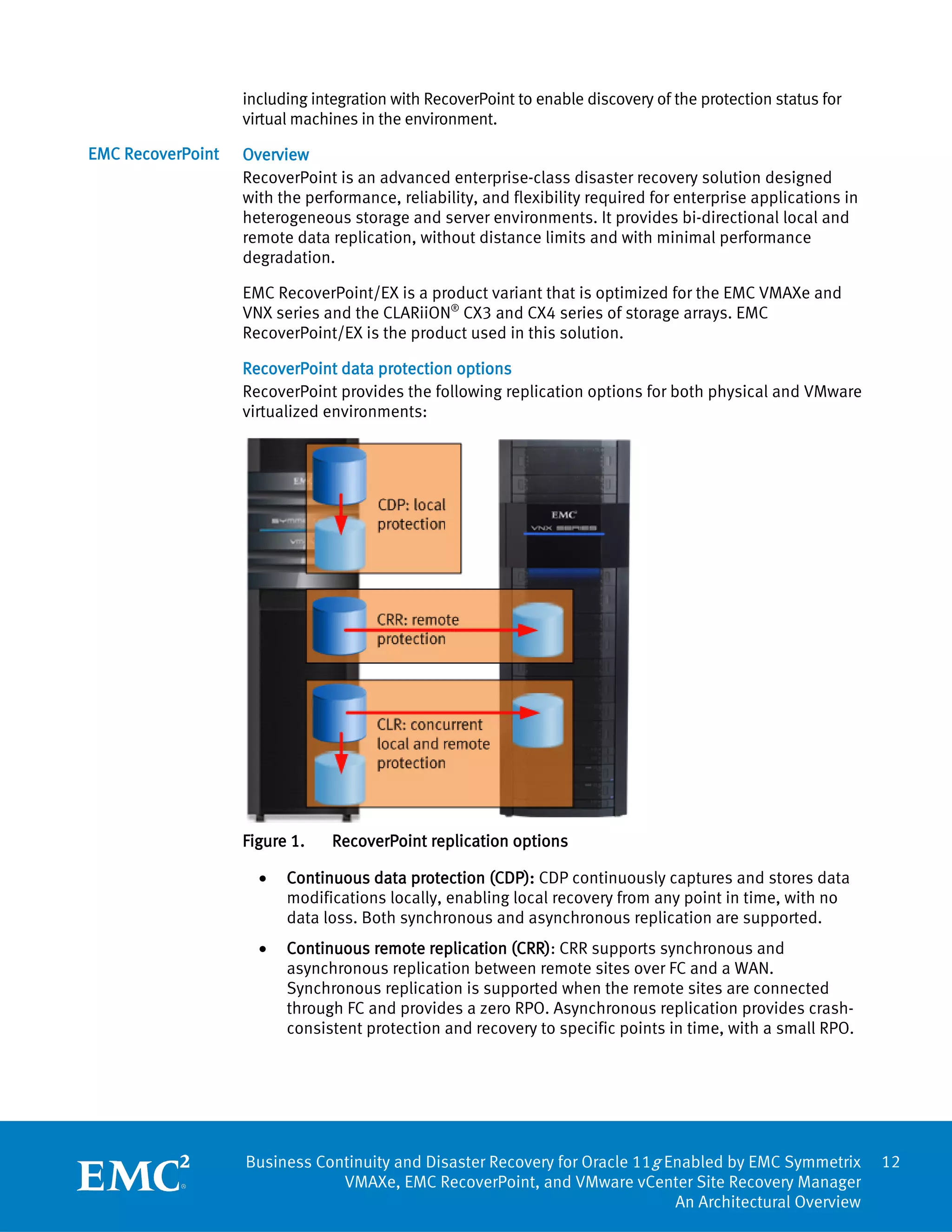 including integration with RecoverPoint to enable discovery of the protection status for
                   virtual machines in the environment.

EMC RecoverPoint   Overview
                   RecoverPoint is an advanced enterprise-class disaster recovery solution designed
                   with the performance, reliability, and flexibility required for enterprise applications in
                   heterogeneous storage and server environments. It provides bi-directional local and
                   remote data replication, without distance limits and with minimal performance
                   degradation.

                   EMC RecoverPoint/EX is a product variant that is optimized for the EMC VMAXe and
                   VNX series and the CLARiiON® CX3 and CX4 series of storage arrays. EMC
                   RecoverPoint/EX is the product used in this solution.

                   RecoverPoint data protection options
                   RecoverPoint provides the following replication options for both physical and VMware
                   virtualized environments:




                   Figure 1.    RecoverPoint replication options

                     •   Continuous data protection (CDP): CDP continuously captures and stores data
                         modifications locally, enabling local recovery from any point in time, with no
                         data loss. Both synchronous and asynchronous replication are supported.
                     •   Continuous remote replication (CRR): CRR supports synchronous and
                         asynchronous replication between remote sites over FC and a WAN.
                         Synchronous replication is supported when the remote sites are connected
                         through FC and provides a zero RPO. Asynchronous replication provides crash-
                         consistent protection and recovery to specific points in time, with a small RPO.




                   Business Continuity and Disaster Recovery for Oracle 11g Enabled by EMC Symmetrix            12
                               VMAXe, EMC RecoverPoint, and VMware vCenter Site Recovery Manager
                                                                             An Architectural Overview
 