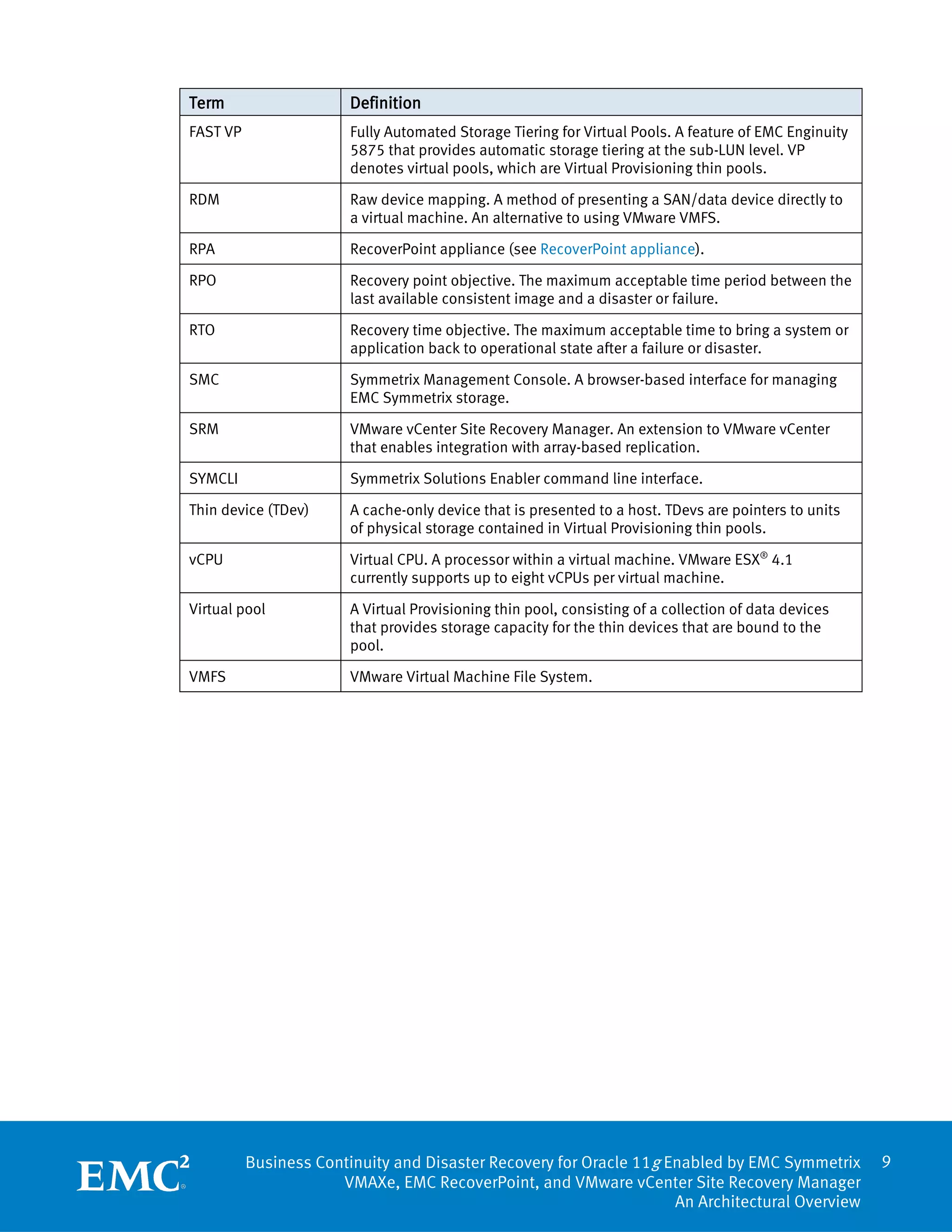 Term                    Definition
FAST VP                 Fully Automated Storage Tiering for Virtual Pools. A feature of EMC Enginuity
                        5875 that provides automatic storage tiering at the sub-LUN level. VP
                        denotes virtual pools, which are Virtual Provisioning thin pools.

RDM                     Raw device mapping. A method of presenting a SAN/data device directly to
                        a virtual machine. An alternative to using VMware VMFS.

RPA                     RecoverPoint appliance (see RecoverPoint appliance).

RPO                     Recovery point objective. The maximum acceptable time period between the
                        last available consistent image and a disaster or failure.

RTO                     Recovery time objective. The maximum acceptable time to bring a system or
                        application back to operational state after a failure or disaster.

SMC                     Symmetrix Management Console. A browser-based interface for managing
                        EMC Symmetrix storage.

SRM                     VMware vCenter Site Recovery Manager. An extension to VMware vCenter
                        that enables integration with array-based replication.

SYMCLI                  Symmetrix Solutions Enabler command line interface.

Thin device (TDev)      A cache-only device that is presented to a host. TDevs are pointers to units
                        of physical storage contained in Virtual Provisioning thin pools.

vCPU                    Virtual CPU. A processor within a virtual machine. VMware ESX® 4.1
                        currently supports up to eight vCPUs per virtual machine.

Virtual pool            A Virtual Provisioning thin pool, consisting of a collection of data devices
                        that provides storage capacity for the thin devices that are bound to the
                        pool.

VMFS                    VMware Virtual Machine File System.




          Business Continuity and Disaster Recovery for Oracle 11g Enabled by EMC Symmetrix             9
                      VMAXe, EMC RecoverPoint, and VMware vCenter Site Recovery Manager
                                                                    An Architectural Overview
 