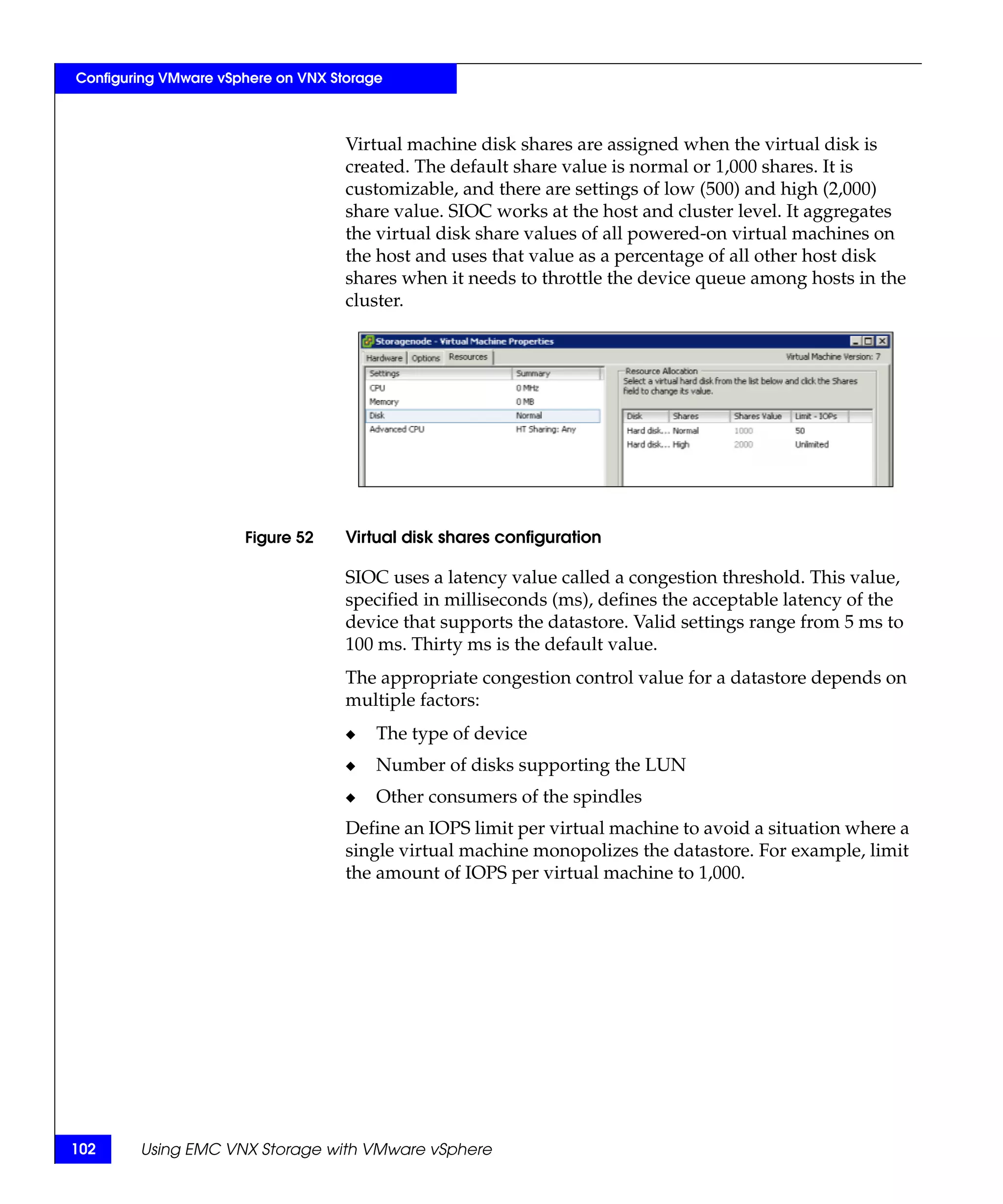 Configuring VMware vSphere on VNX Storage



                                    Virtual machine disk shares are assigned when the virtual disk is
                                    created. The default share value is normal or 1,000 shares. It is
                                    customizable, and there are settings of low (500) and high (2,000)
                                    share value. SIOC works at the host and cluster level. It aggregates
                                    the virtual disk share values of all powered-on virtual machines on
                                    the host and uses that value as a percentage of all other host disk
                                    shares when it needs to throttle the device queue among hosts in the
                                    cluster.




                      Figure 52     Virtual disk shares configuration

                                    SIOC uses a latency value called a congestion threshold. This value,
                                    specified in milliseconds (ms), defines the acceptable latency of the
                                    device that supports the datastore. Valid settings range from 5 ms to
                                    100 ms. Thirty ms is the default value.
                                    The appropriate congestion control value for a datastore depends on
                                    multiple factors:
                                    ◆   The type of device
                                    ◆   Number of disks supporting the LUN
                                    ◆   Other consumers of the spindles
                                    Define an IOPS limit per virtual machine to avoid a situation where a
                                    single virtual machine monopolizes the datastore. For example, limit
                                    the amount of IOPS per virtual machine to 1,000.




102     Using EMC VNX Storage with VMware vSphere
 