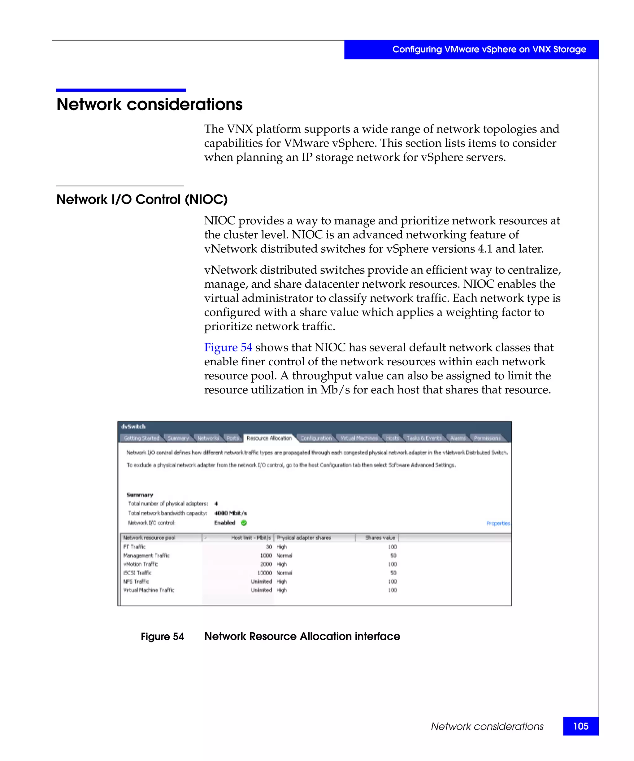 Configuring VMware vSphere on VNX Storage




Network considerations
                        The VNX platform supports a wide range of network topologies and
                        capabilities for VMware vSphere. This section lists items to consider
                        when planning an IP storage network for vSphere servers.


Network I/O Control (NIOC)
                        NIOC provides a way to manage and prioritize network resources at
                        the cluster level. NIOC is an advanced networking feature of
                        vNetwork distributed switches for vSphere versions 4.1 and later.
                        vNetwork distributed switches provide an efficient way to centralize,
                        manage, and share datacenter network resources. NIOC enables the
                        virtual administrator to classify network traffic. Each network type is
                        configured with a share value which applies a weighting factor to
                        prioritize network traffic.
                        Figure 54 shows that NIOC has several default network classes that
                        enable finer control of the network resources within each network
                        resource pool. A throughput value can also be assigned to limit the
                        resource utilization in Mb/s for each host that shares that resource.




            Figure 54   Network Resource Allocation interface




                                                                     Network considerations        105
 
