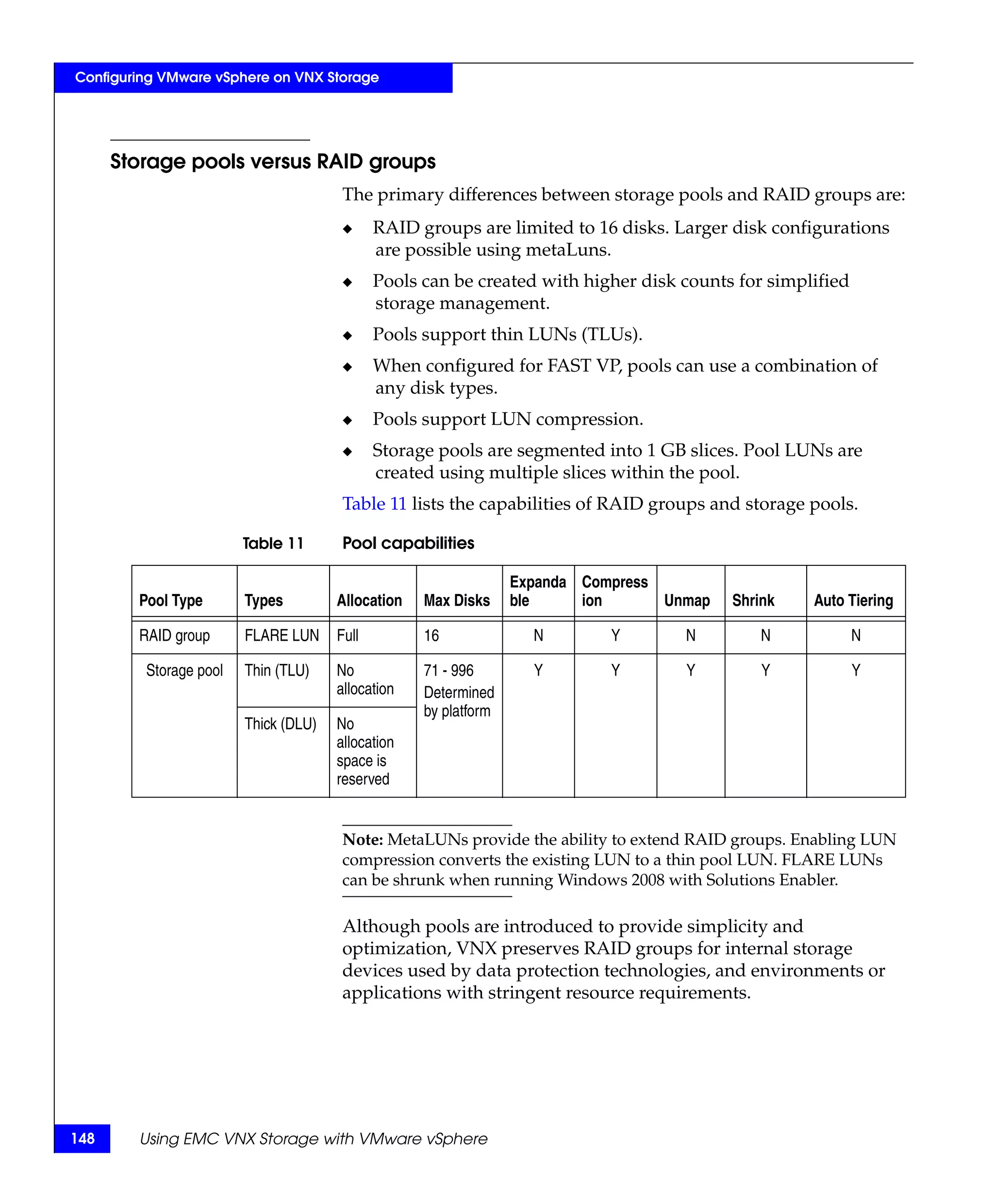 Configuring VMware vSphere on VNX Storage




      Storage pools versus RAID groups
                                       The primary differences between storage pools and RAID groups are:
                                       ◆     RAID groups are limited to 16 disks. Larger disk configurations
                                             are possible using metaLuns.
                                       ◆     Pools can be created with higher disk counts for simplified
                                             storage management.
                                       ◆     Pools support thin LUNs (TLUs).
                                       ◆     When configured for FAST VP, pools can use a combination of
                                             any disk types.
                                       ◆     Pools support LUN compression.
                                       ◆     Storage pools are segmented into 1 GB slices. Pool LUNs are
                                             created using multiple slices within the pool.
                                       Table 11 lists the capabilities of RAID groups and storage pools.

                        Table 11       Pool capabilities

                                                                 Expanda Compress
        Pool Type       Types         Allocation   Max Disks     ble     ion      Unmap   Shrink   Auto Tiering

        RAID group      FLARE LUN     Full         16              N        Y       N         N            N

         Storage pool   Thin (TLU)    No           71 - 996        Y        Y       Y         Y            Y
                                      allocation   Determined
                                                   by platform
                        Thick (DLU)   No
                                      allocation
                                      space is
                                      reserved


                                       Note: MetaLUNs provide the ability to extend RAID groups. Enabling LUN
                                       compression converts the existing LUN to a thin pool LUN. FLARE LUNs
                                       can be shrunk when running Windows 2008 with Solutions Enabler.

                                       Although pools are introduced to provide simplicity and
                                       optimization, VNX preserves RAID groups for internal storage
                                       devices used by data protection technologies, and environments or
                                       applications with stringent resource requirements.




148     Using EMC VNX Storage with VMware vSphere
 