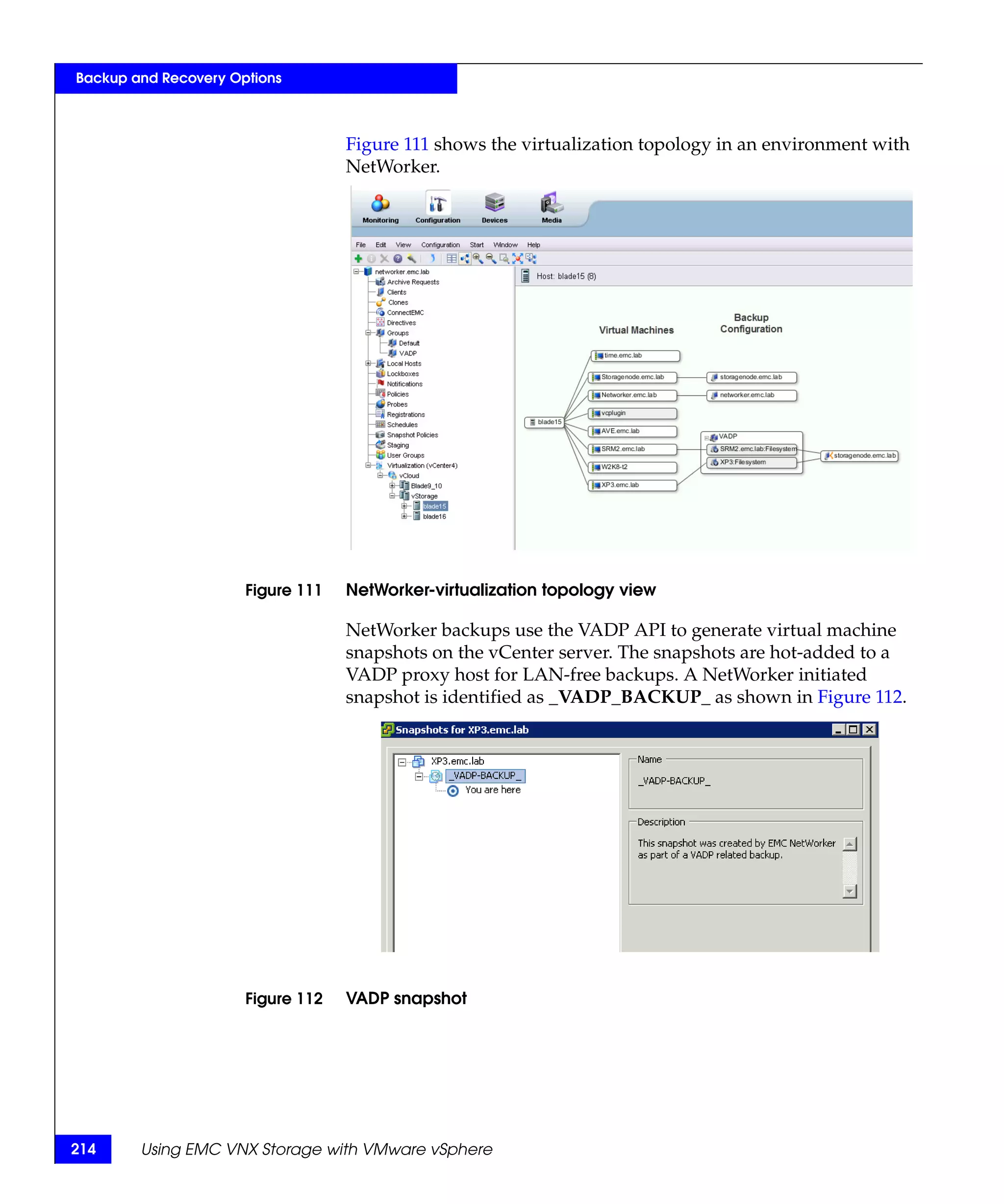 Backup and Recovery Options



                                   Figure 111 shows the virtualization topology in an environment with
                                   NetWorker.




                      Figure 111   NetWorker-virtualization topology view

                                   NetWorker backups use the VADP API to generate virtual machine
                                   snapshots on the vCenter server. The snapshots are hot-added to a
                                   VADP proxy host for LAN-free backups. A NetWorker initiated
                                   snapshot is identified as _VADP_BACKUP_ as shown in Figure 112.




                      Figure 112   VADP snapshot




214     Using EMC VNX Storage with VMware vSphere
 