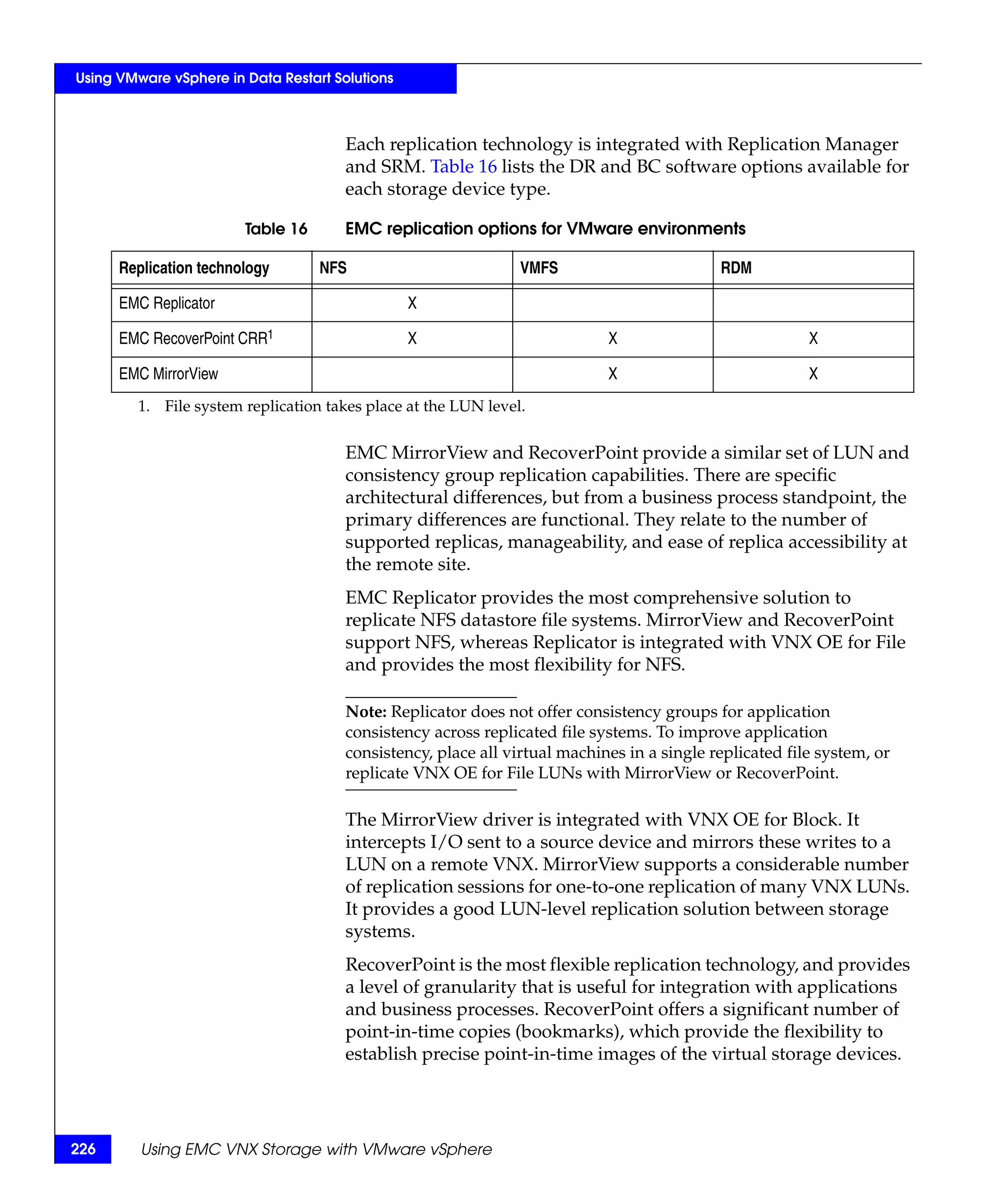 Using VMware vSphere in Data Restart Solutions



                                       Each replication technology is integrated with Replication Manager
                                       and SRM. Table 16 lists the DR and BC software options available for
                                       each storage device type.

                        Table 16       EMC replication options for VMware environments

      Replication technology       NFS                          VMFS                        RDM

      EMC Replicator                             X

      EMC RecoverPoint CRR1                      X                          X                            X

      EMC MirrorView                                                        X                            X
         1. File system replication takes place at the LUN level.


                                       EMC MirrorView and RecoverPoint provide a similar set of LUN and
                                       consistency group replication capabilities. There are specific
                                       architectural differences, but from a business process standpoint, the
                                       primary differences are functional. They relate to the number of
                                       supported replicas, manageability, and ease of replica accessibility at
                                       the remote site.
                                       EMC Replicator provides the most comprehensive solution to
                                       replicate NFS datastore file systems. MirrorView and RecoverPoint
                                       support NFS, whereas Replicator is integrated with VNX OE for File
                                       and provides the most flexibility for NFS.

                                       Note: Replicator does not offer consistency groups for application
                                       consistency across replicated file systems. To improve application
                                       consistency, place all virtual machines in a single replicated file system, or
                                       replicate VNX OE for File LUNs with MirrorView or RecoverPoint.

                                       The MirrorView driver is integrated with VNX OE for Block. It
                                       intercepts I/O sent to a source device and mirrors these writes to a
                                       LUN on a remote VNX. MirrorView supports a considerable number
                                       of replication sessions for one-to-one replication of many VNX LUNs.
                                       It provides a good LUN-level replication solution between storage
                                       systems.
                                       RecoverPoint is the most flexible replication technology, and provides
                                       a level of granularity that is useful for integration with applications
                                       and business processes. RecoverPoint offers a significant number of
                                       point-in-time copies (bookmarks), which provide the flexibility to
                                       establish precise point-in-time images of the virtual storage devices.




226      Using EMC VNX Storage with VMware vSphere
 