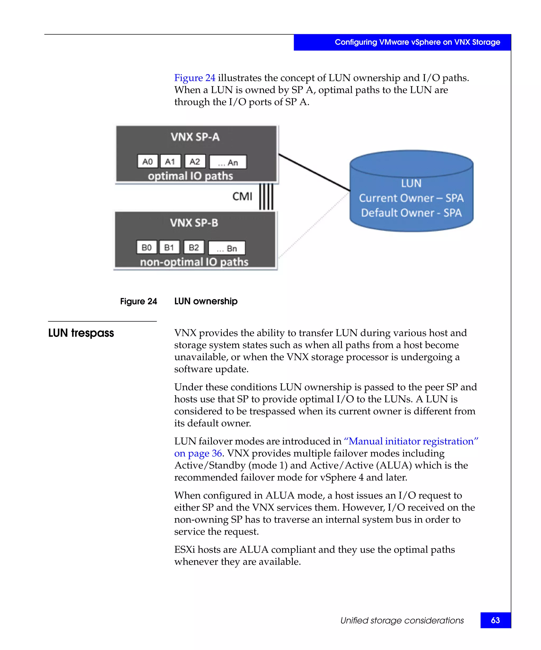 Configuring VMware vSphere on VNX Storage



                           Figure 24 illustrates the concept of LUN ownership and I/O paths.
                           When a LUN is owned by SP A, optimal paths to the LUN are
                           through the I/O ports of SP A.




               Figure 24   LUN ownership


LUN trespass               VNX provides the ability to transfer LUN during various host and
                           storage system states such as when all paths from a host become
                           unavailable, or when the VNX storage processor is undergoing a
                           software update.
                           Under these conditions LUN ownership is passed to the peer SP and
                           hosts use that SP to provide optimal I/O to the LUNs. A LUN is
                           considered to be trespassed when its current owner is different from
                           its default owner.
                           LUN failover modes are introduced in “Manual initiator registration”
                           on page 36. VNX provides multiple failover modes including
                           Active/Standby (mode 1) and Active/Active (ALUA) which is the
                           recommended failover mode for vSphere 4 and later.
                           When configured in ALUA mode, a host issues an I/O request to
                           either SP and the VNX services them. However, I/O received on the
                           non-owning SP has to traverse an internal system bus in order to
                           service the request.
                           ESXi hosts are ALUA compliant and they use the optimal paths
                           whenever they are available.




                                                                Unified storage considerations       63
 
