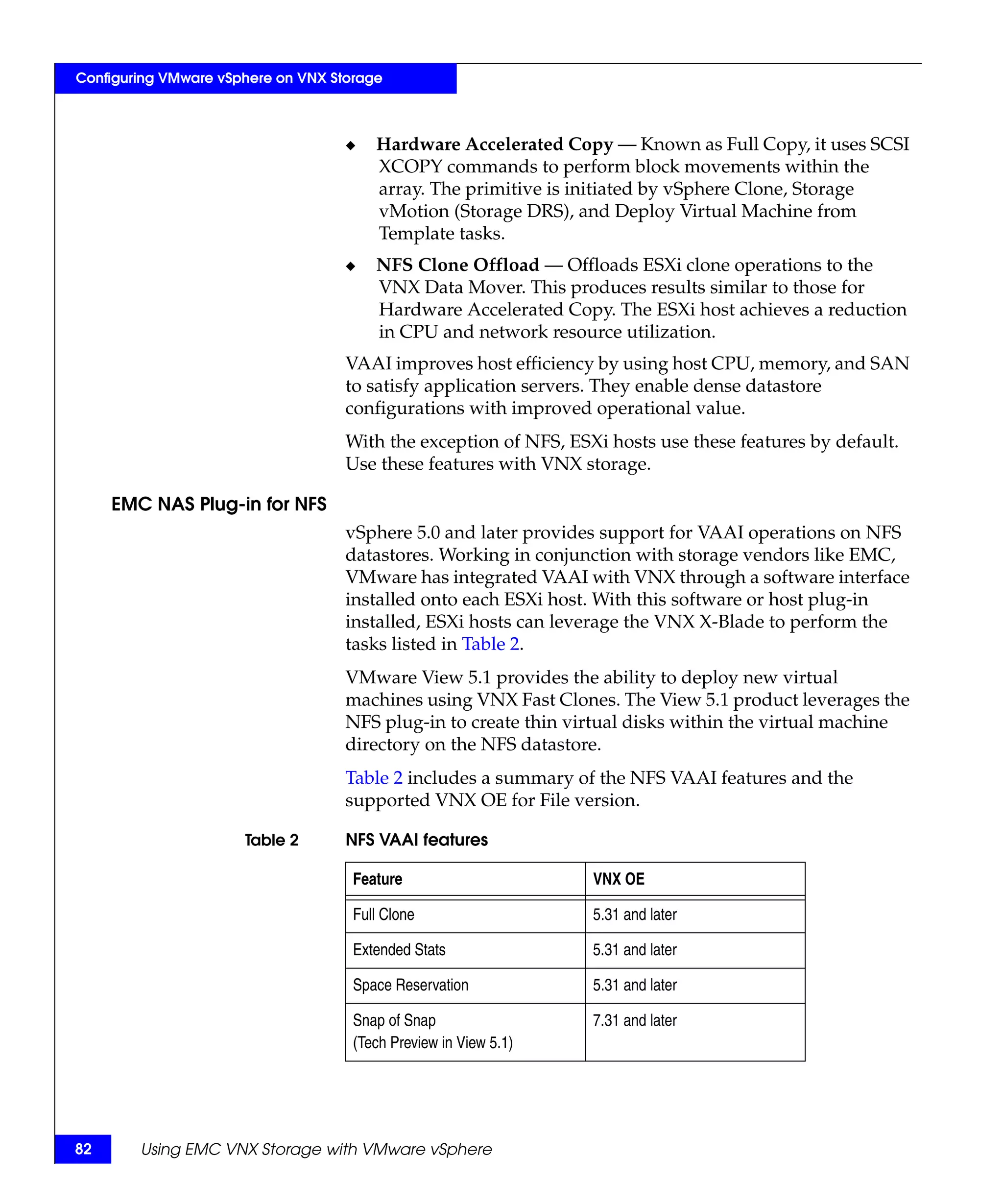 Configuring VMware vSphere on VNX Storage



                                    ◆   Hardware Accelerated Copy — Known as Full Copy, it uses SCSI
                                        XCOPY commands to perform block movements within the
                                        array. The primitive is initiated by vSphere Clone, Storage
                                        vMotion (Storage DRS), and Deploy Virtual Machine from
                                        Template tasks.
                                    ◆   NFS Clone Offload — Offloads ESXi clone operations to the
                                        VNX Data Mover. This produces results similar to those for
                                        Hardware Accelerated Copy. The ESXi host achieves a reduction
                                        in CPU and network resource utilization.
                                    VAAI improves host efficiency by using host CPU, memory, and SAN
                                    to satisfy application servers. They enable dense datastore
                                    configurations with improved operational value.
                                    With the exception of NFS, ESXi hosts use these features by default.
                                    Use these features with VNX storage.

     EMC NAS Plug-in for NFS
                                    vSphere 5.0 and later provides support for VAAI operations on NFS
                                    datastores. Working in conjunction with storage vendors like EMC,
                                    VMware has integrated VAAI with VNX through a software interface
                                    installed onto each ESXi host. With this software or host plug-in
                                    installed, ESXi hosts can leverage the VNX X-Blade to perform the
                                    tasks listed in Table 2.
                                    VMware View 5.1 provides the ability to deploy new virtual
                                    machines using VNX Fast Clones. The View 5.1 product leverages the
                                    NFS plug-in to create thin virtual disks within the virtual machine
                                    directory on the NFS datastore.
                                    Table 2 includes a summary of the NFS VAAI features and the
                                    supported VNX OE for File version.

                      Table 2       NFS VAAI features

                                     Feature                      VNX OE

                                     Full Clone                   5.31 and later

                                     Extended Stats               5.31 and later

                                     Space Reservation            5.31 and later

                                     Snap of Snap                 7.31 and later
                                     (Tech Preview in View 5.1)




82      Using EMC VNX Storage with VMware vSphere
 