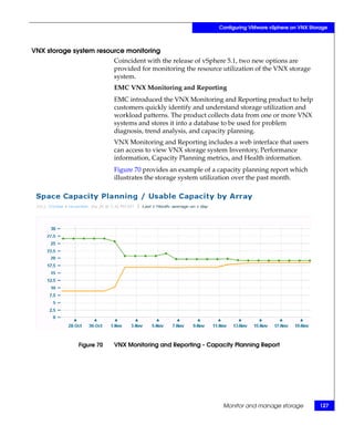 Configuring VMware vSphere on VNX Storage



VNX storage system resource monitoring
                         Coincident with the release of vSphere 5.1, two new options are
                         provided for monitoring the resource utilization of the VNX storage
                         system.
                         EMC VNX Monitoring and Reporting
                         EMC introduced the VNX Monitoring and Reporting product to help
                         customers quickly identify and understand storage utilization and
                         workload patterns. The product collects data from one or more VNX
                         systems and stores it into a database to be used for problem
                         diagnosis, trend analysis, and capacity planning.
                         VNX Monitoring and Reporting includes a web interface that users
                         can access to view VNX storage system Inventory, Performance
                         information, Capacity Planning metrics, and Health information.
                         Figure 70 provides an example of a capacity planning report which
                         illustrates the storage system utilization over the past month.




             Figure 70   VNX Monitoring and Reporting - Capacity Planning Report




                                                              Monitor and manage storage          127
 