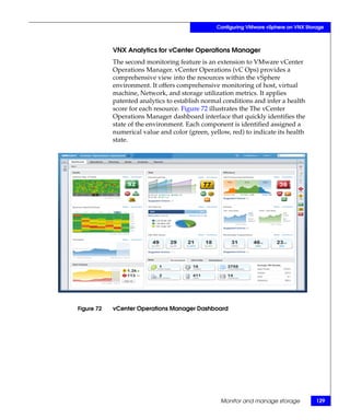 Configuring VMware vSphere on VNX Storage



            VNX Analytics for vCenter Operations Manager
            The second monitoring feature is an extension to VMware vCenter
            Operations Manager. vCenter Operations (vC Ops) provides a
            comprehensive view into the resources within the vSphere
            environment. It offers comprehensive monitoring of host, virtual
            machine, Network, and storage utilization metrics. It applies
            patented analytics to establish normal conditions and infer a health
            score for each resource. Figure 72 illustrates the The vCenter
            Operations Manager dashboard interface that quickly identifies the
            state of the environment. Each component is identified assigned a
            numerical value and color (green, yellow, red) to indicate its health
            state.




Figure 72   vCenter Operations Manager Dashboard




                                                  Monitor and manage storage           129
 
