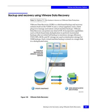 Backup and Recovery Options




Backup and recovery using VMware Data Recovery
                      Note: In vSphere 5.1, this feature is known as VMware Data Protection.

                      VMware Data Recovery (VDR) is a disk-based backup and recovery
                      solution built on the VADP. It uses a virtual appliance and a client
                      plug-in to manage and restore virtual machine backups. VMware
                      Data Recovery can protect any kind of OS. It incorporates capabilities
                      such as block-based data deduplication to perform incremental
                      backups after an initial full backup to maximize storage efficiency.
                      VNX CIFS, iSCSI, and FC storage are used as destination storage for
                      VDR backups. Each virtual machine backup is stored on a target disk
                      in a deduplicated store.




         Figure 105   VMware Data Recovery




                                        Backup and recovery using VMware Data Recovery             201
 