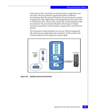 Backup and Recovery Options



             performance, Tier 1 protection of virtual machine, application, and
             user data. AVE also performs significantly better in VMware
             environments than the Avamar Datastore. Figure 106 shows a sample
             configuration with a DRS cluster and multiple ESXi hosts with access
             to VNX block LUNs. These LUNs contain the virtual machines in the
             environment. The environment illustrates three types of virtual
             machines: production virtual machines, image proxies, and file-level
             proxies.
             The Production virtual machines can run any VMware-supported
             OS, and serve any application role or function. In this scenario, the
             virtual machines do not require an Avamar agent.




Figure 106   Sample Avamar environment




                                              Backup and recovery using Avamar         205
 