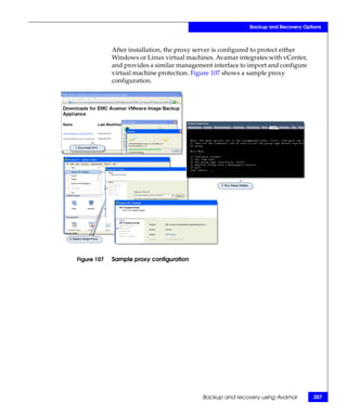Backup and Recovery Options



             After installation, the proxy server is configured to protect either
             Windows or Linux virtual machines. Avamar integrates with vCenter,
             and provides a similar management interface to import and configure
             virtual machine protection. Figure 107 shows a sample proxy
             configuration.




Figure 107   Sample proxy configuration




                                            Backup and recovery using Avamar         207
 