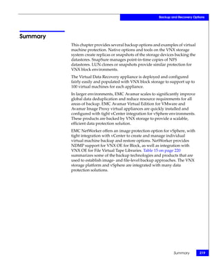Backup and Recovery Options




Summary
          This chapter provides several backup options and examples of virtual
          machine protection. Native options and tools on the VNX storage
          system create replicas or snapshots of the storage devices backing the
          datastores. SnapSure manages point-in-time copies of NFS
          datastores. LUN clones or snapshots provide similar protection for
          VNX block environments.
          The Virtual Data Recovery appliance is deployed and configured
          fairly easily and populated with VNX block storage to support up to
          100 virtual machines for each appliance.
          In larger environments, EMC Avamar scales to significantly improve
          global data deduplication and reduce resource requirements for all
          areas of backup. EMC Avamar Virtual Edition for VMware and
          Avamar Image Proxy virtual appliances are quickly installed and
          configured with tight vCenter integration for vSphere environments.
          These products are backed by VNX storage to provide a scalable,
          efficient data protection solution.
          EMC NetWorker offers an image protection option for vSphere, with
          tight integration with vCenter to create and manage individual
          virtual machine backup and restore options. NetWorker provides
          NDMP support for VNX OE for Block, as well as integration with
          VNX OE for File Virtual Tape Libraries. Table 15 on page 220
          summarizes some of the backup technologies and products that are
          used to establish image- and file-level backup approaches. The VNX
          storage platform and vSphere are integrated with many data
          protection solutions.




                                                                   Summary         219
 