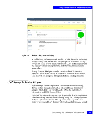 Using VMware vSphere in Data Restart Solutions




            Figure 130   SRM recovery plan summary

                         Actual failover, or Recovery as it is called in SRM, is similar to the test
                         failover, except that, rather than using snapshots, the actual storage
                         devices are failed over to a remote location. LUNs and file systems at
                         the recovery site are brought online, and the virtual machines are
                         powered on.
                         During failover, SRM powers off active virtual machines at the
                         protected site to avoid having active virtual machines at both sites.
                         This task will not complete if the protected site is not operational.


EMC Storage Replication Adapter
                         SRM leverages the data replication capabilities of the underlying
                         storage system through an interface called a Storage Replication
                         Adapter (SRA). SRM supports SRAs for EMC Replicator, EMC
                         MirrorView, and EMC RecoverPoint.
                         Each EMC SRA is a software package that enables SRM to implement
                         disaster recovery for virtual machines by using VNX storage systems
                         that run replication software. SRA-specific scripts support array
                         discovery, replicated LUN discovery, test failover, failback, and actual




                                                     Automating site failover with SRM and VNX           255
 