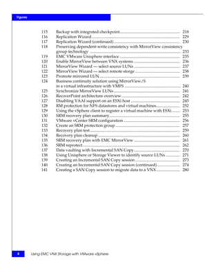 Figures



               115     Backup with integrated checkpoint........................................................... 218
               116     Replication Wizard ...................................................................................... 229
               117     Replication Wizard (continued)................................................................. 230
               118     Preserving dependent-write consistency with MirrorView consistency
                       group technology ......................................................................................... 233
               119     EMC VMware Unisphere interface ........................................................... 235
               120     Enable MirrorView between VNX systems ............................................. 236
               121     MirrorView Wizard — select source LUNs ............................................. 237
               122     MirrorView Wizard — select remote storge ............................................ 238
               123     Promote mirrored LUN............................................................................... 239
               124     Business continuity solution using MirrorView/S
                       in a virtual infrastructure with VMFS ....................................................... 240
               125     Synchronize MirrorView LUNs................................................................. 241
               126     RecoverPoint architecture overview ......................................................... 242
               127     Disabling VAAI support on an ESXi host ................................................ 245
               128     RM protection for NFS datastores and virtual machines....................... 252
               129     Using the vSphere client to register a virtual machine with ESXi ........ 253
               130     SRM recovery plan summary..................................................................... 255
               131     VMware vCenter SRM configuration ....................................................... 256
               132     Create an SRM protection group ............................................................... 257
               133     Recovery plan test ........................................................................................ 259
               134     Recovery plan cleanup ................................................................................ 260
               135     SRM recovery plan with EMC MirrorView ............................................. 261
               136     SRM reprotect ............................................................................................... 262
               137     Data vaulting with Incremental SAN Copy............................................. 270
               138     Using Unisphere or Storage Viewer to identify source LUNs .............. 271
               139     Creating an Incremental SAN Copy session............................................ 273
               140     Creating an Incremental SAN Copy session (continued) ...................... 274
               141     Creating a SAN Copy session to migrate data to a VNX ....................... 280




8         Using EMC VNX Storage with VMware vSphere
 