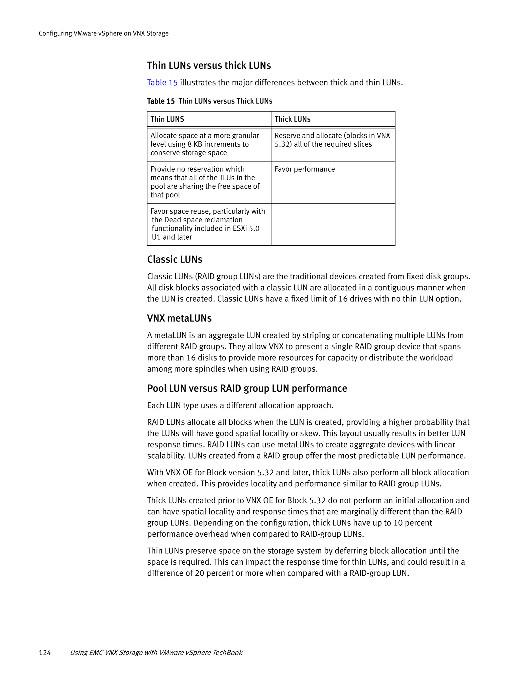 124 Using EMC VNX Storage with VMware vSphere TechBook
Configuring VMware vSphere on VNX Storage
Thin LUNs versus thick LUNs
Table 15 illustrates the major differences between thick and thin LUNs.
Classic LUNs
Classic LUNs (RAID group LUNs) are the traditional devices created from fixed disk groups.
All disk blocks associated with a classic LUN are allocated in a contiguous manner when
the LUN is created. Classic LUNs have a fixed limit of 16 drives with no thin LUN option.
VNX metaLUNs
A metaLUN is an aggregate LUN created by striping or concatenating multiple LUNs from
different RAID groups. They allow VNX to present a single RAID group device that spans
more than 16 disks to provide more resources for capacity or distribute the workload
among more spindles when using RAID groups.
Pool LUN versus RAID group LUN performance
Each LUN type uses a different allocation approach.
RAID LUNs allocate all blocks when the LUN is created, providing a higher probability that
the LUNs will have good spatial locality or skew. This layout usually results in better LUN
response times. RAID LUNs can use metaLUNs to create aggregate devices with linear
scalability. LUNs created from a RAID group offer the most predictable LUN performance.
With VNX OE for Block version 5.32 and later, thick LUNs also perform all block allocation
when created. This provides locality and performance similar to RAID group LUNs.
Thick LUNs created prior to VNX OE for Block 5.32 do not perform an initial allocation and
can have spatial locality and response times that are marginally different than the RAID
group LUNs. Depending on the configuration, thick LUNs have up to 10 percent
performance overhead when compared to RAID-group LUNs.
Thin LUNs preserve space on the storage system by deferring block allocation until the
space is required. This can impact the response time for thin LUNs, and could result in a
difference of 20 percent or more when compared with a RAID-group LUN.
Table 15 Thin LUNs versus Thick LUNs
Thin LUNS Thick LUNs
Allocate space at a more granular
level using 8 KB increments to
conserve storage space
Reserve and allocate (blocks in VNX
5.32) all of the required slices
Provide no reservation which
means that all of the TLUs in the
pool are sharing the free space of
that pool
Favor performance
Favor space reuse, particularly with
the Dead space reclamation
functionality included in ESXi 5.0
U1 and later
 