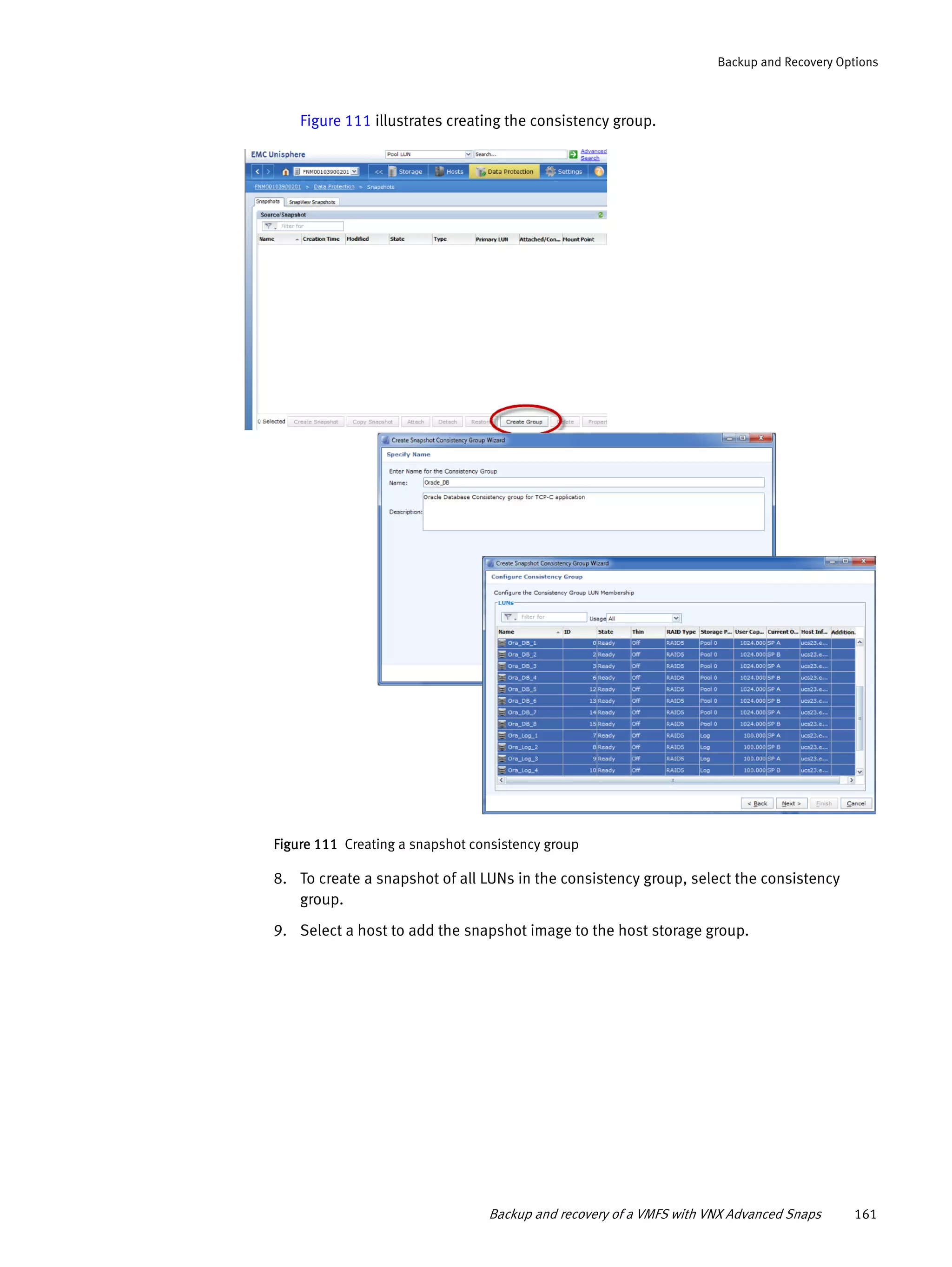 Backup and recovery of a VMFS with VNX Advanced Snaps 161
Backup and Recovery Options
Figure 111 illustrates creating the consistency group.
Figure 111 Creating a snapshot consistency group
8. To create a snapshot of all LUNs in the consistency group, select the consistency
group.
9. Select a host to add the snapshot image to the host storage group.
 