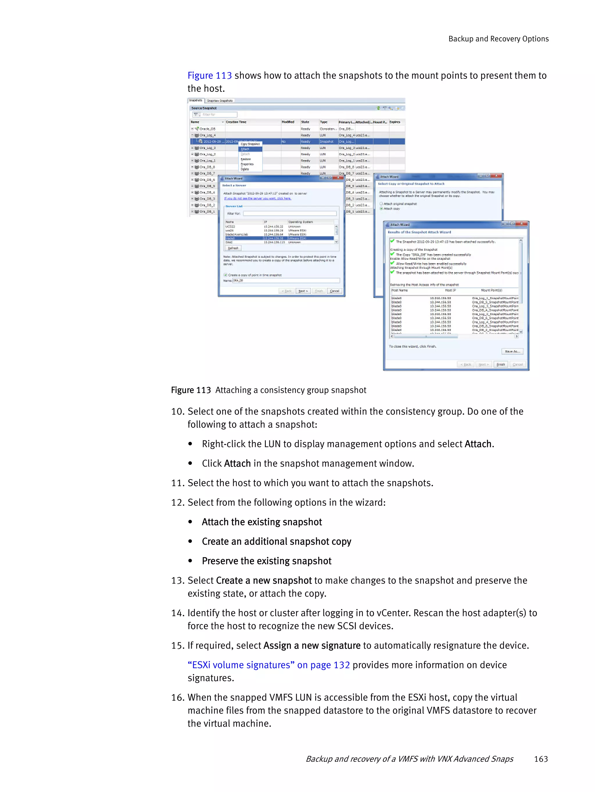 Backup and recovery of a VMFS with VNX Advanced Snaps 163
Backup and Recovery Options
Figure 113 shows how to attach the snapshots to the mount points to present them to
the host.
Figure 113 Attaching a consistency group snapshot
10. Select one of the snapshots created within the consistency group. Do one of the
following to attach a snapshot:
• Right-click the LUN to display management options and select Attach.
• Click Attach in the snapshot management window.
11. Select the host to which you want to attach the snapshots.
12. Select from the following options in the wizard:
• Attach the existing snapshot
• Create an additional snapshot copy
• Preserve the existing snapshot
13. Select Create a new snapshot to make changes to the snapshot and preserve the
existing state, or attach the copy.
14. Identify the host or cluster after logging in to vCenter. Rescan the host adapter(s) to
force the host to recognize the new SCSI devices.
15. If required, select Assign a new signature to automatically resignature the device.
“ESXi volume signatures” on page 132 provides more information on device
signatures.
16. When the snapped VMFS LUN is accessible from the ESXi host, copy the virtual
machine files from the snapped datastore to the original VMFS datastore to recover
the virtual machine.
 